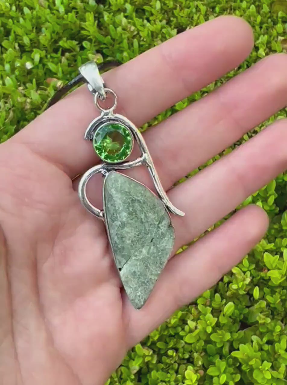 Rough Seraphinite And Glass Bead Pendant In Sterling Silver Statement Pendant One Of A Kind