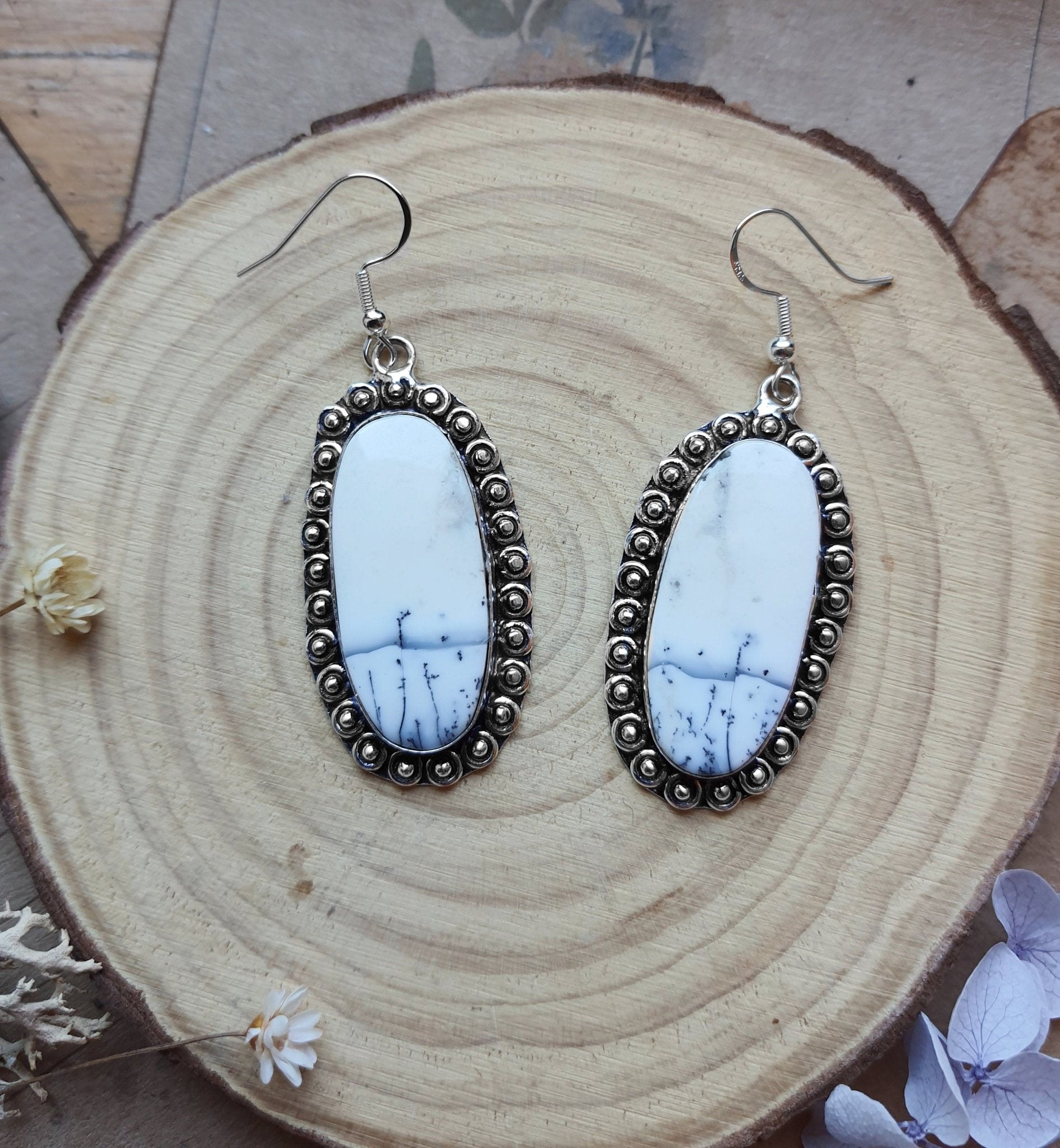 Dendrite Opal Earrings In Sterling Silver Boho Earrings Dangle Earrings - LunarGem - 