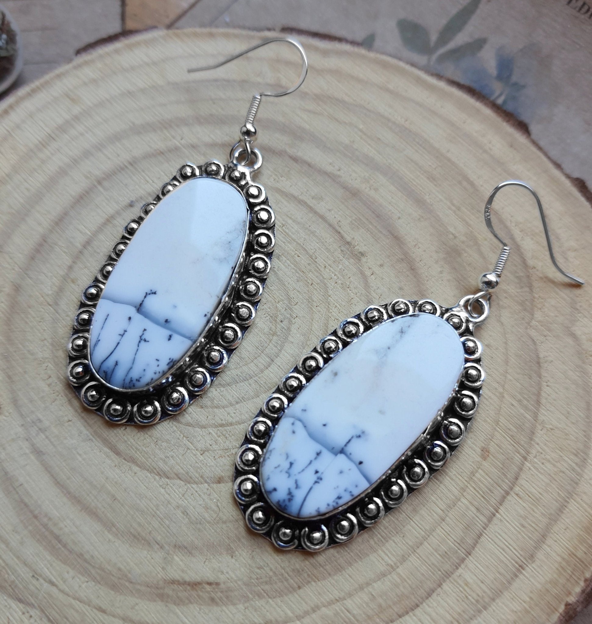 Dendrite Opal Earrings In Sterling Silver Boho Earrings Dangle Earrings - LunarGem - 