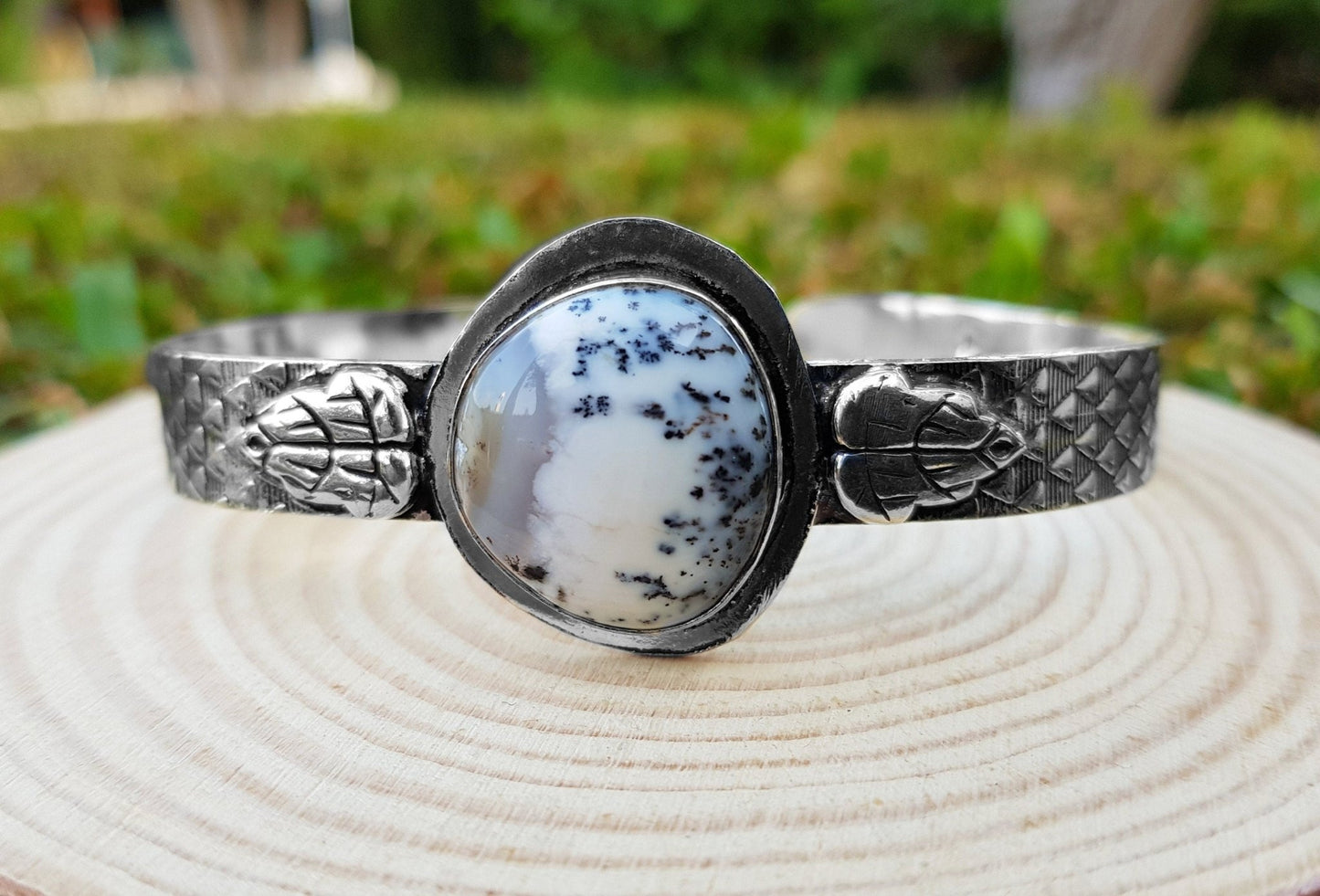 Dendritic Opal Bracelet In Sterling Silver Statement Bracelet Adjustable Bracelet One Of A Kind - LunarGem - 