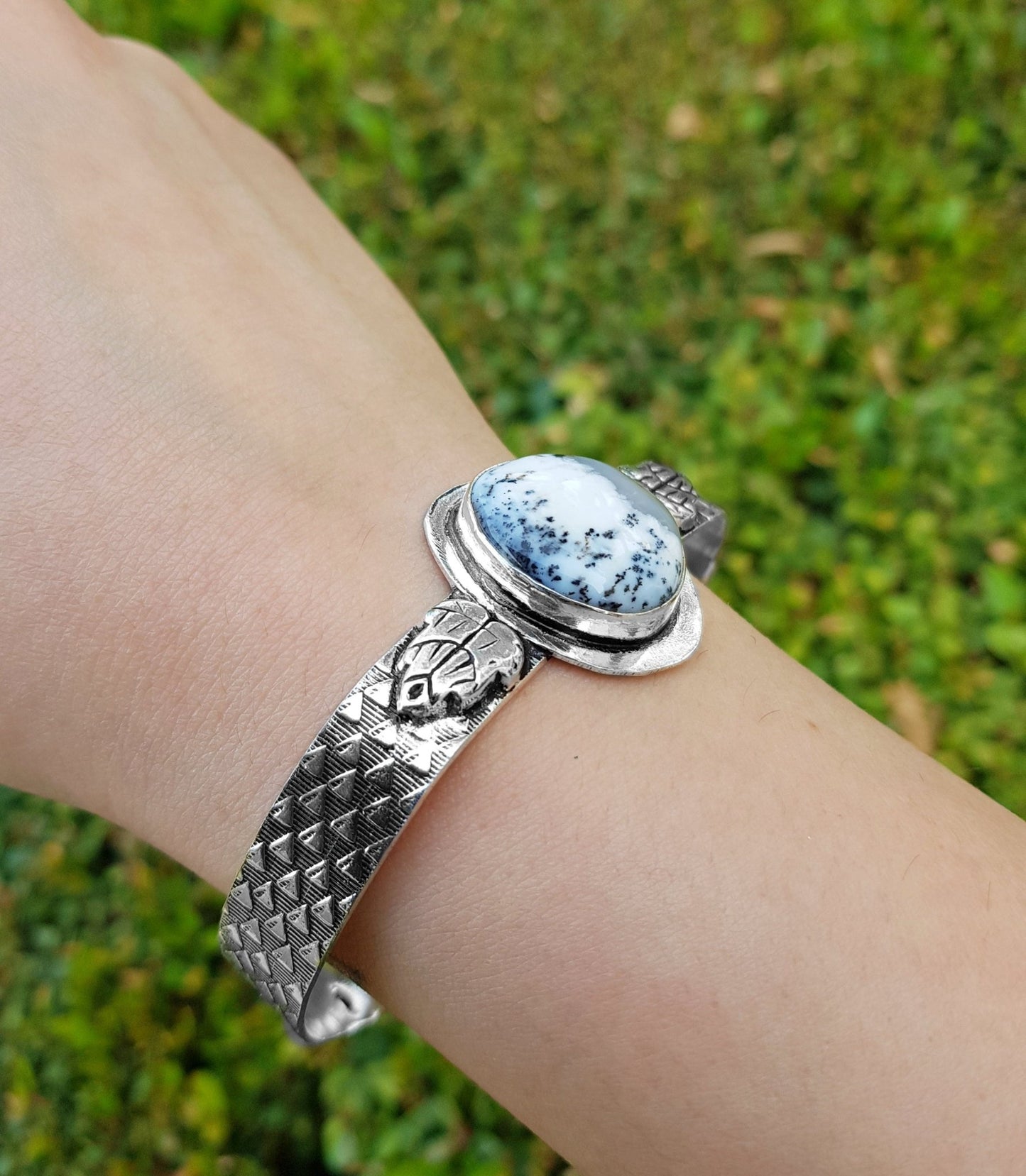 Dendritic Opal Bracelet In Sterling Silver Statement Bracelet Adjustable Bracelet One Of A Kind - LunarGem - 