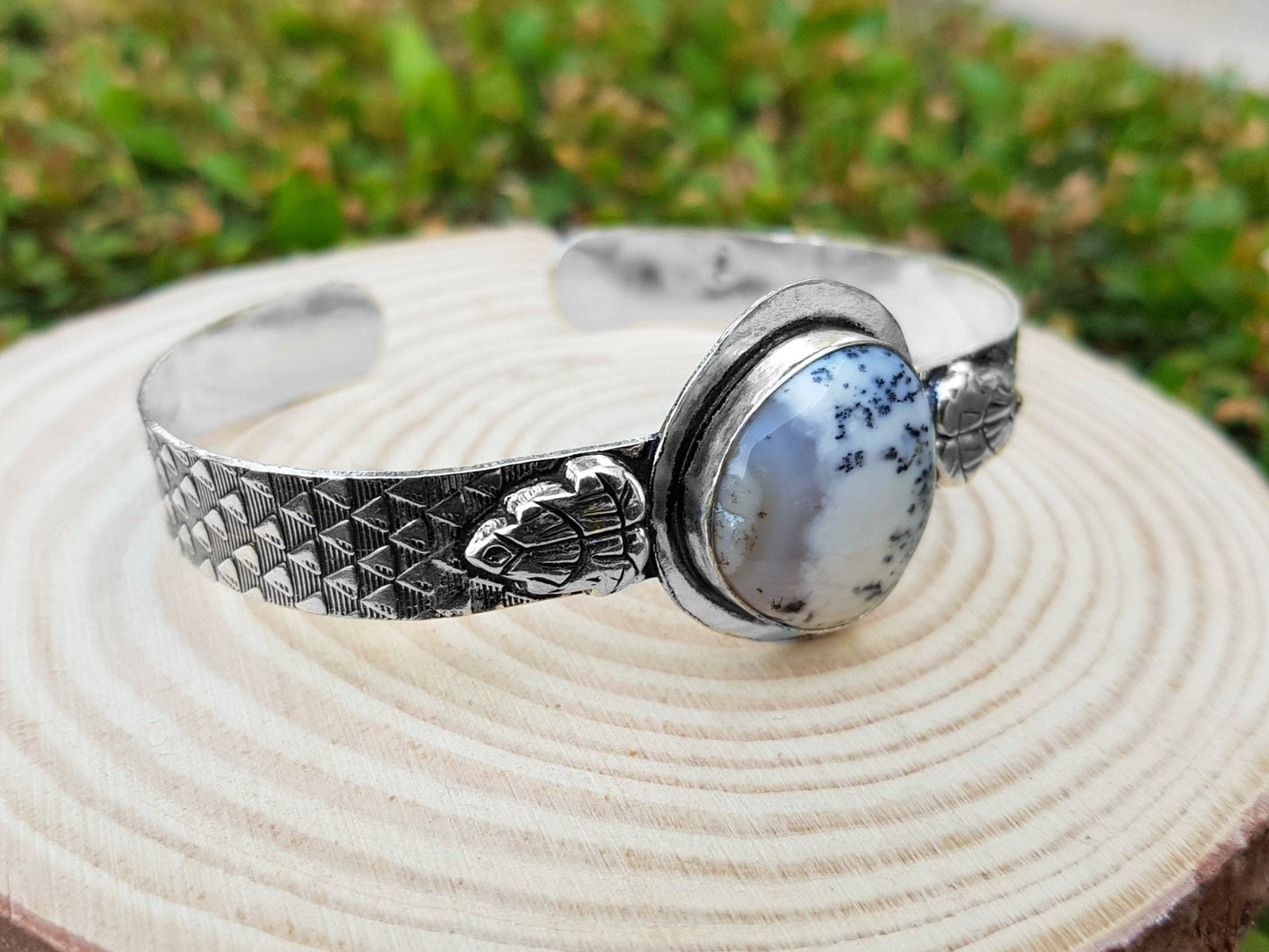 Dendritic Opal Bracelet In Sterling Silver Statement Bracelet Adjustable Bracelet One Of A Kind - LunarGem - 
