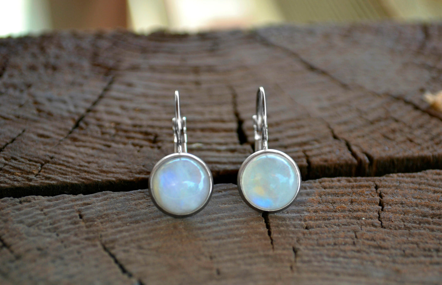 Rainbow Moonstone Birthstone Earrings Minimal Dangle Earrings Surgical Stainless Steel Leverback Earrings Unique Gift June Earrings