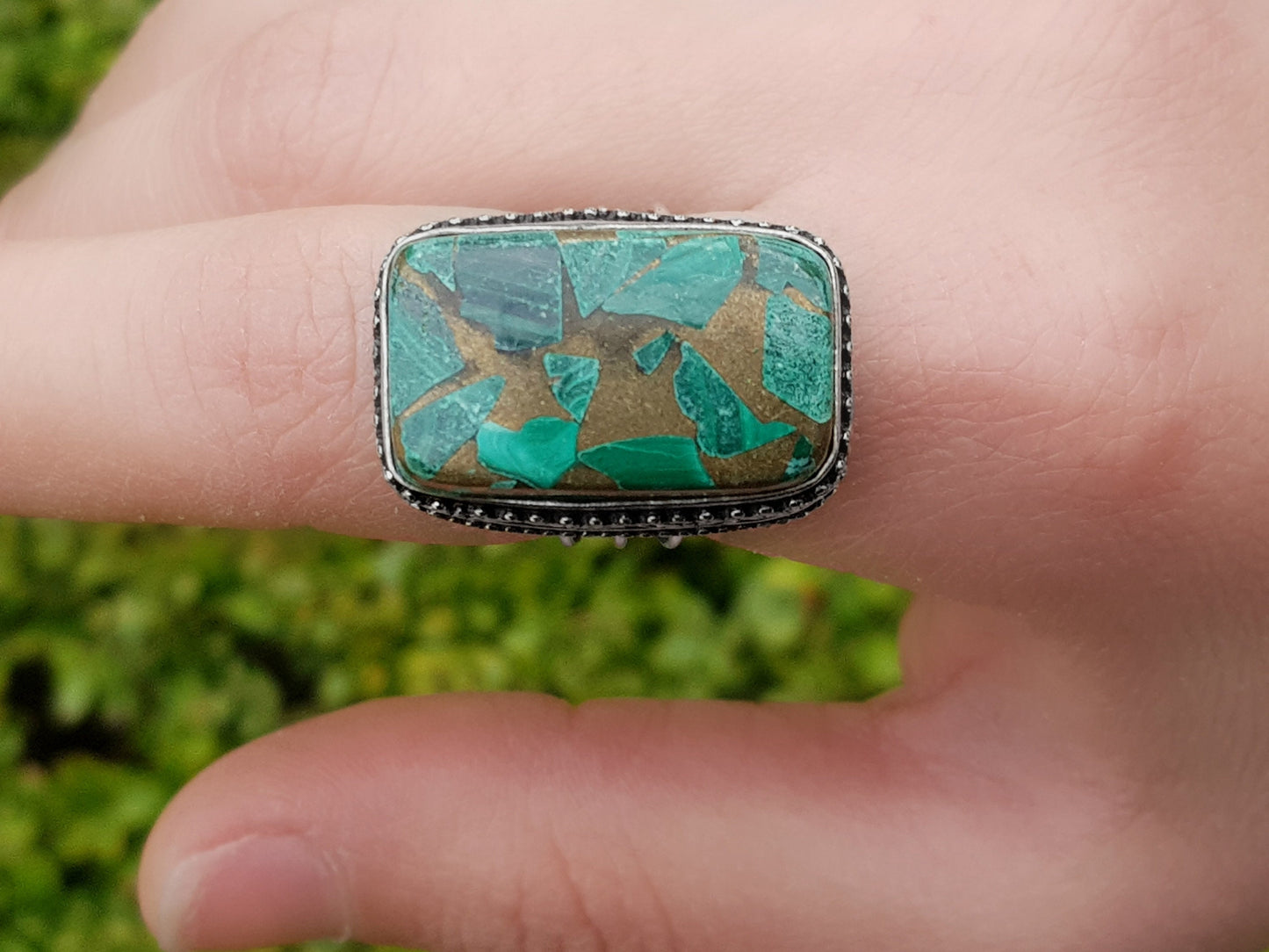 Copper Malachite Gemstone Ring Size US 7 1/4 Boho Statement Ring Gypsy Jewelry Green Gem Ring  Unique Gift