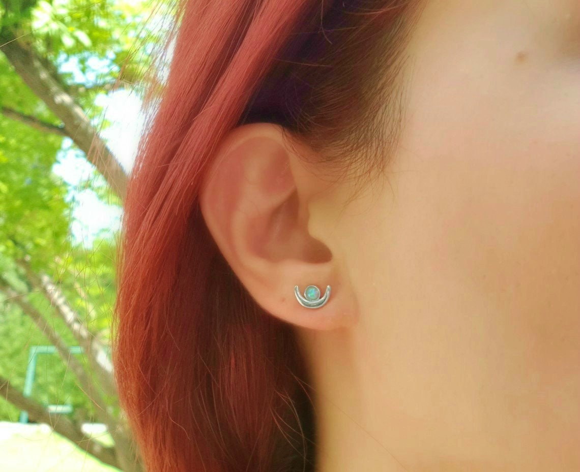 Opal Stud Earrings April Birthstone Earrings Sterling Silver Minimal Earrings Crescent Moon Earrings Everyday Earrings Birthday Gift