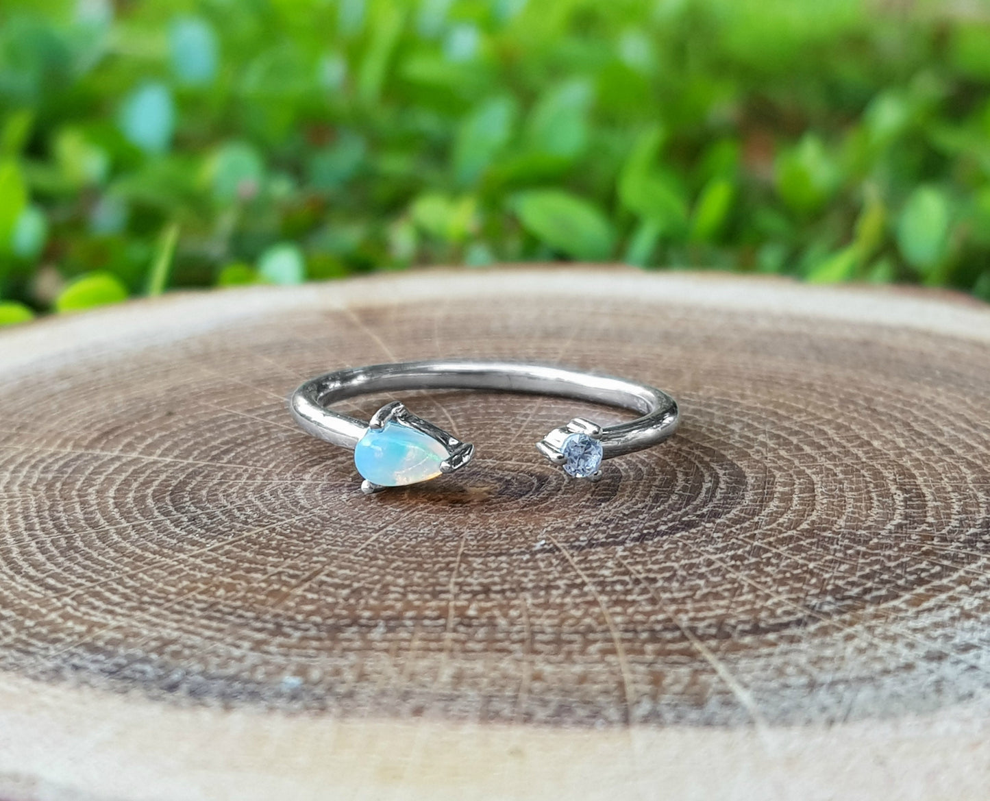 Ethiopian Opal And Zircon Ring Adjustable Gemstone Ring Dainty Ring Sterling Silver Or Gold Plated Minimal Ring Stacking Ring Unique Gift