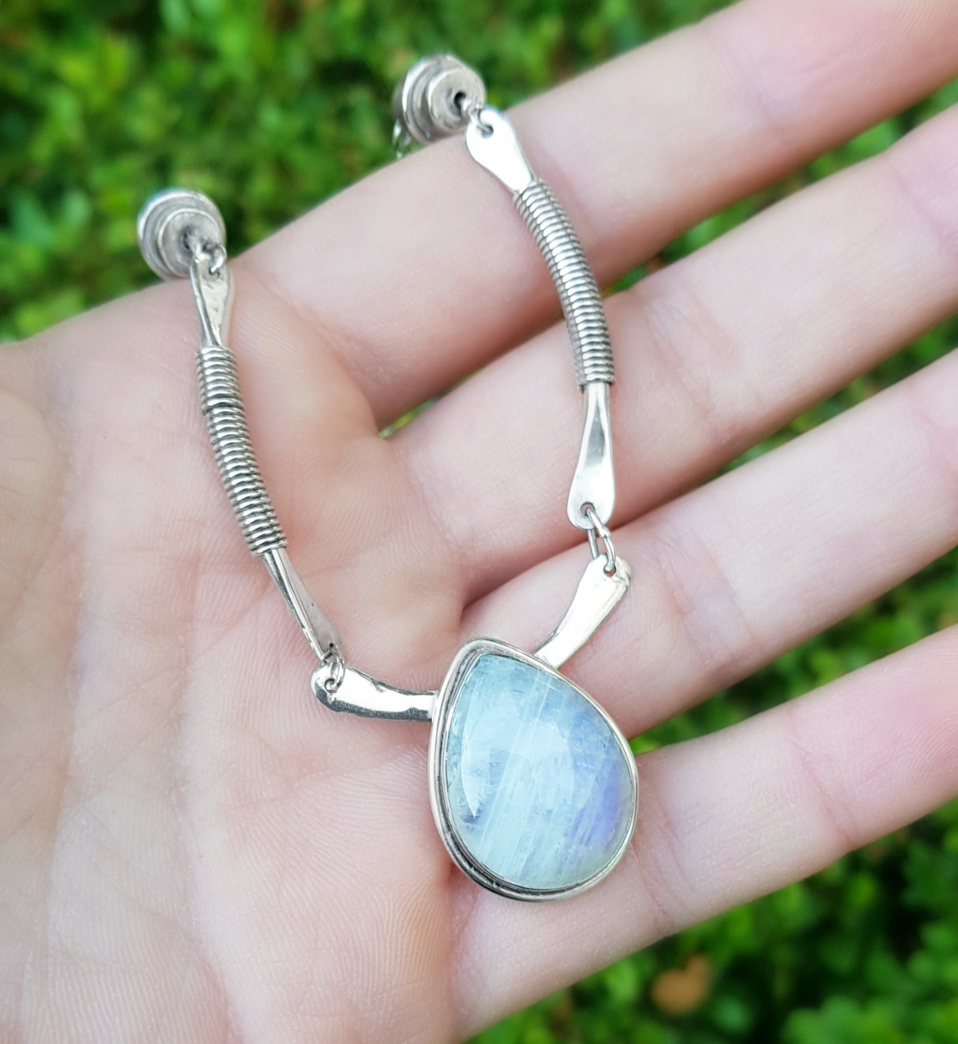 Rainbow Moonstone Necklace In Sterling Silver With Adjustable Chain Bohemian Gemstone Necklace Unique Gift For Her One Of A Kind Jewellery
