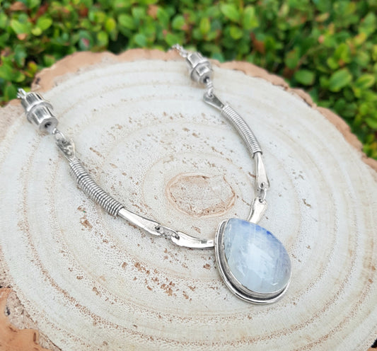 Rainbow Moonstone Necklace In Sterling Silver With Adjustable Chain Bohemian Gemstone Necklace Unique Gift For Her One Of A Kind Jewellery