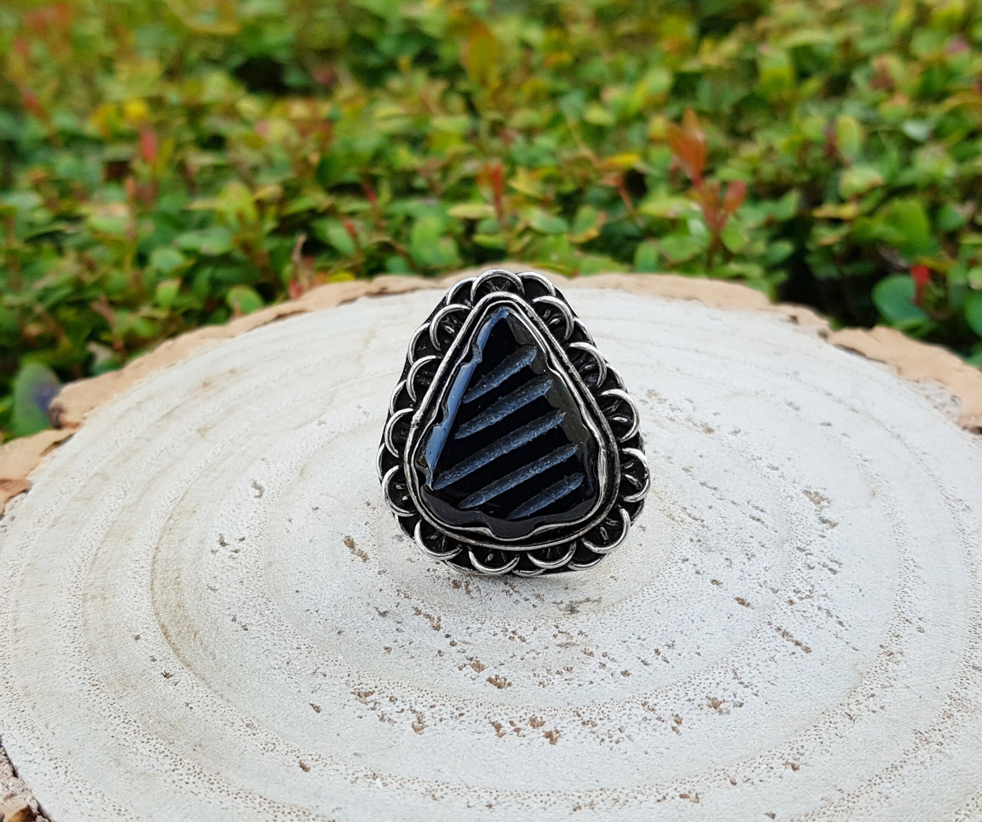 Carved Black Onyx Sterling Silver Ring Size US 7 1/2 Mens Ring Unisex Ring Boho Ring Gypsy Jewellery Statement Ring Unique Gift