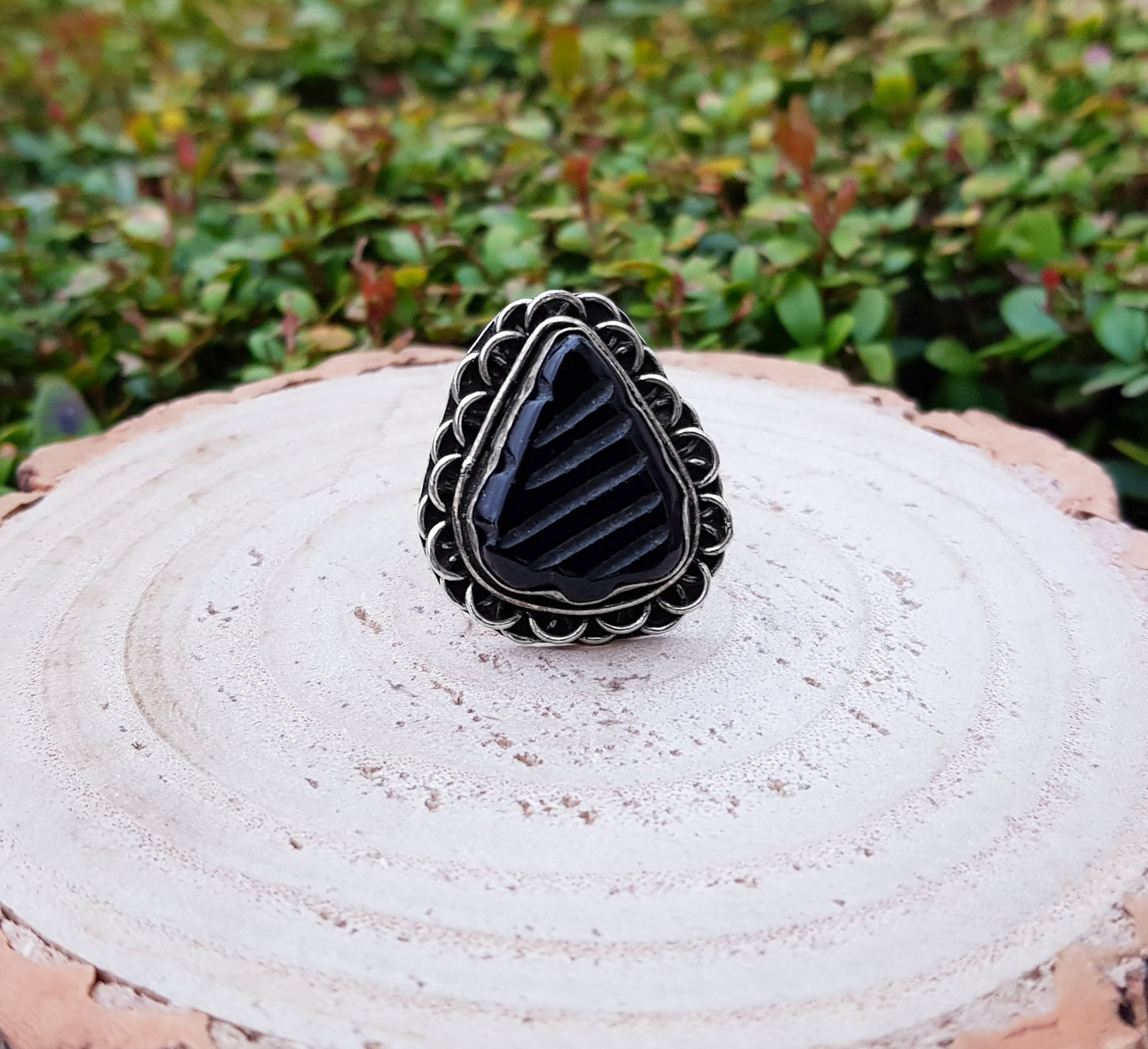 Carved Black Onyx Sterling Silver Ring Size US 7 1/2 Mens Ring Unisex Ring Boho Ring Gypsy Jewellery Statement Ring Unique Gift