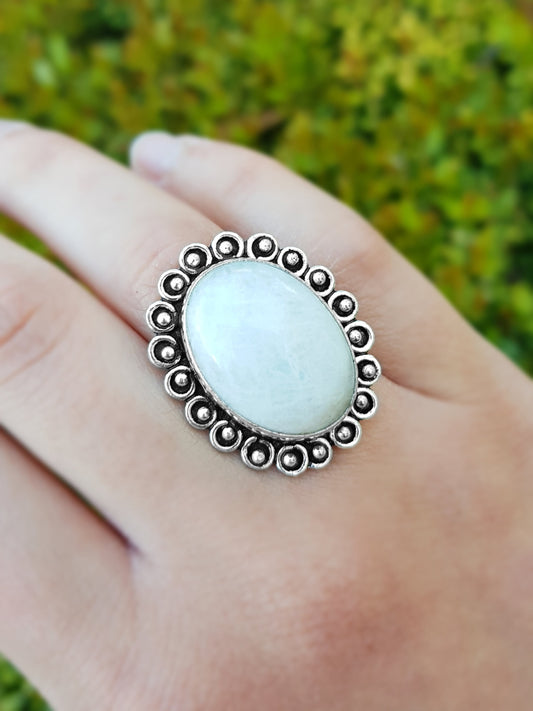 Rainbow Moonstone Sterling Silver Ring Size US 7 1/2 Statement Ring Unique Gift For Her Boho Rings Ethnic Ring GypsyJewelry Geometric Ring