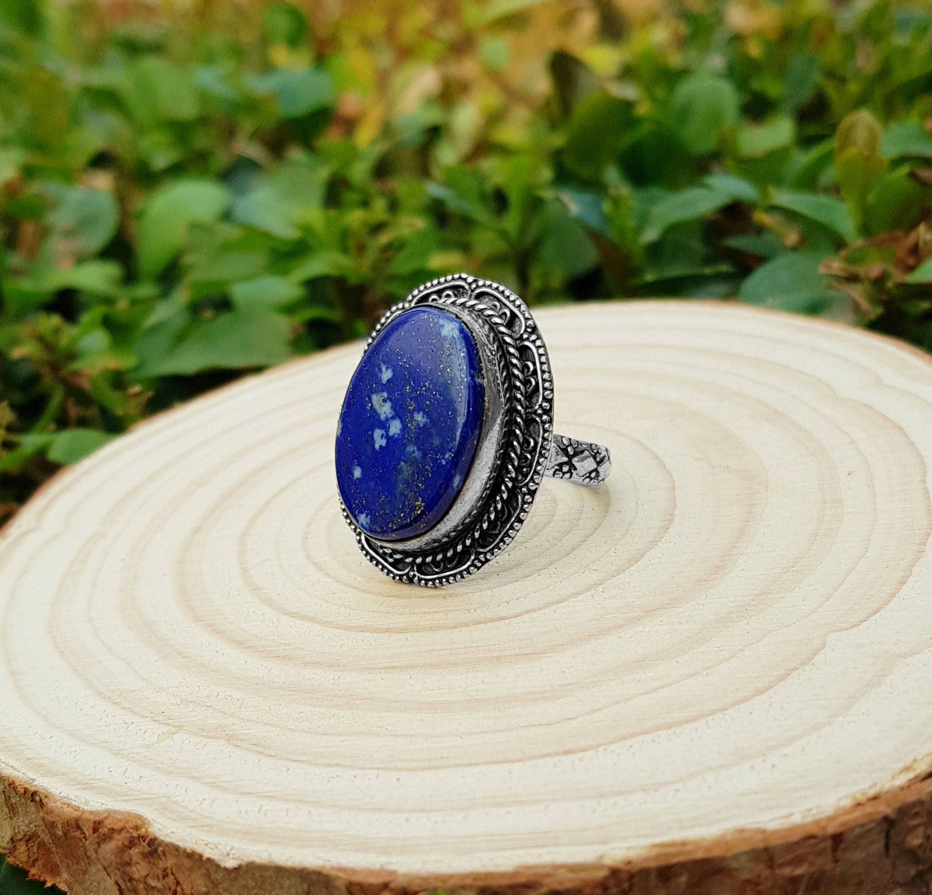 Lapis Lazuli Ring In Sterling Silver Size US 8 1/2 Big Statement Ring Boho Crystal Rings GypsyJewelry Unique Gift For Women