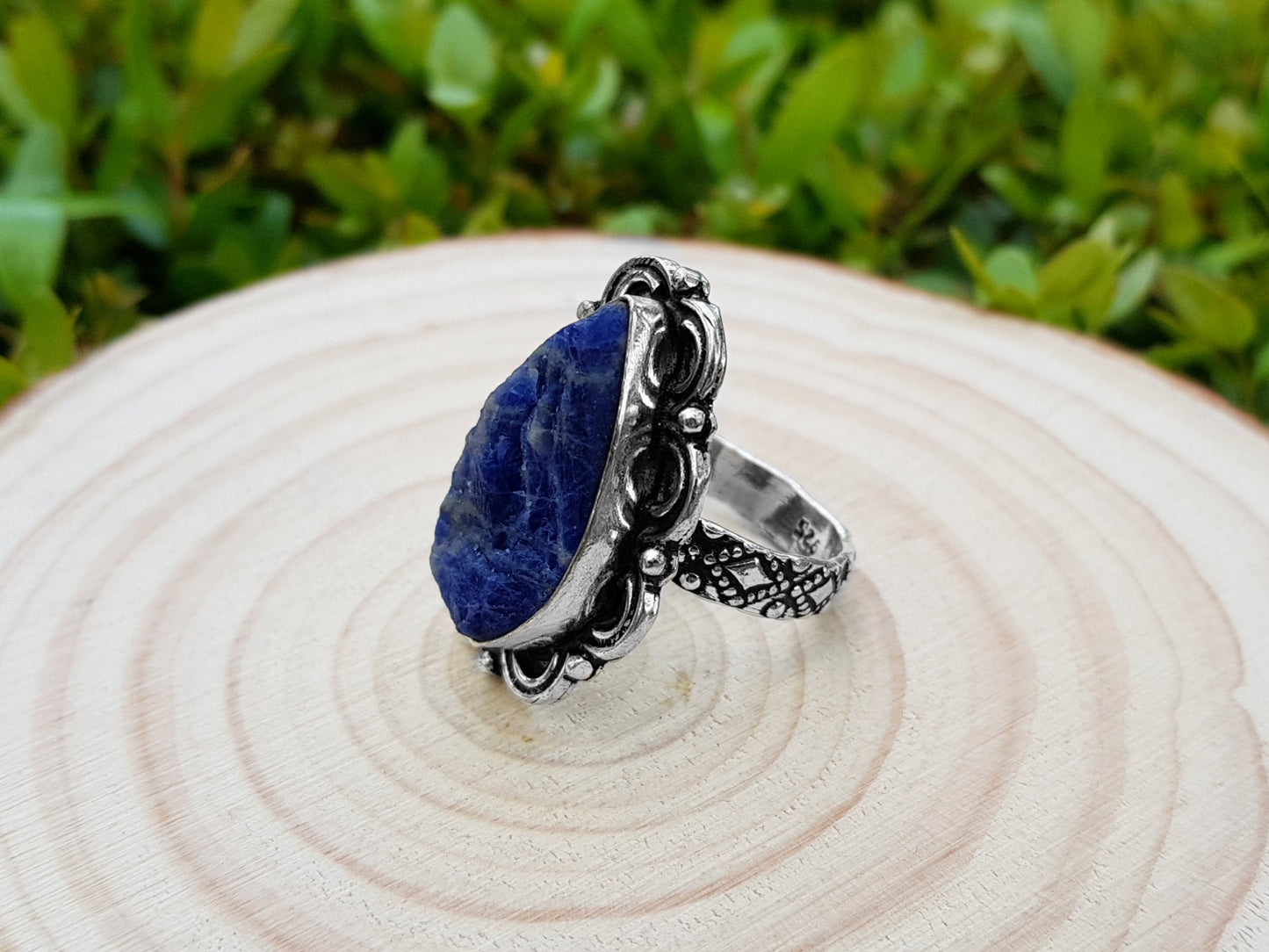 Raw Blue Sodalite Statement Ring Size US 8 1/2 Sterling Silver Gemstone Ring Boho Ring Unique Jewelry Ethnic Ring GypsyJewelry