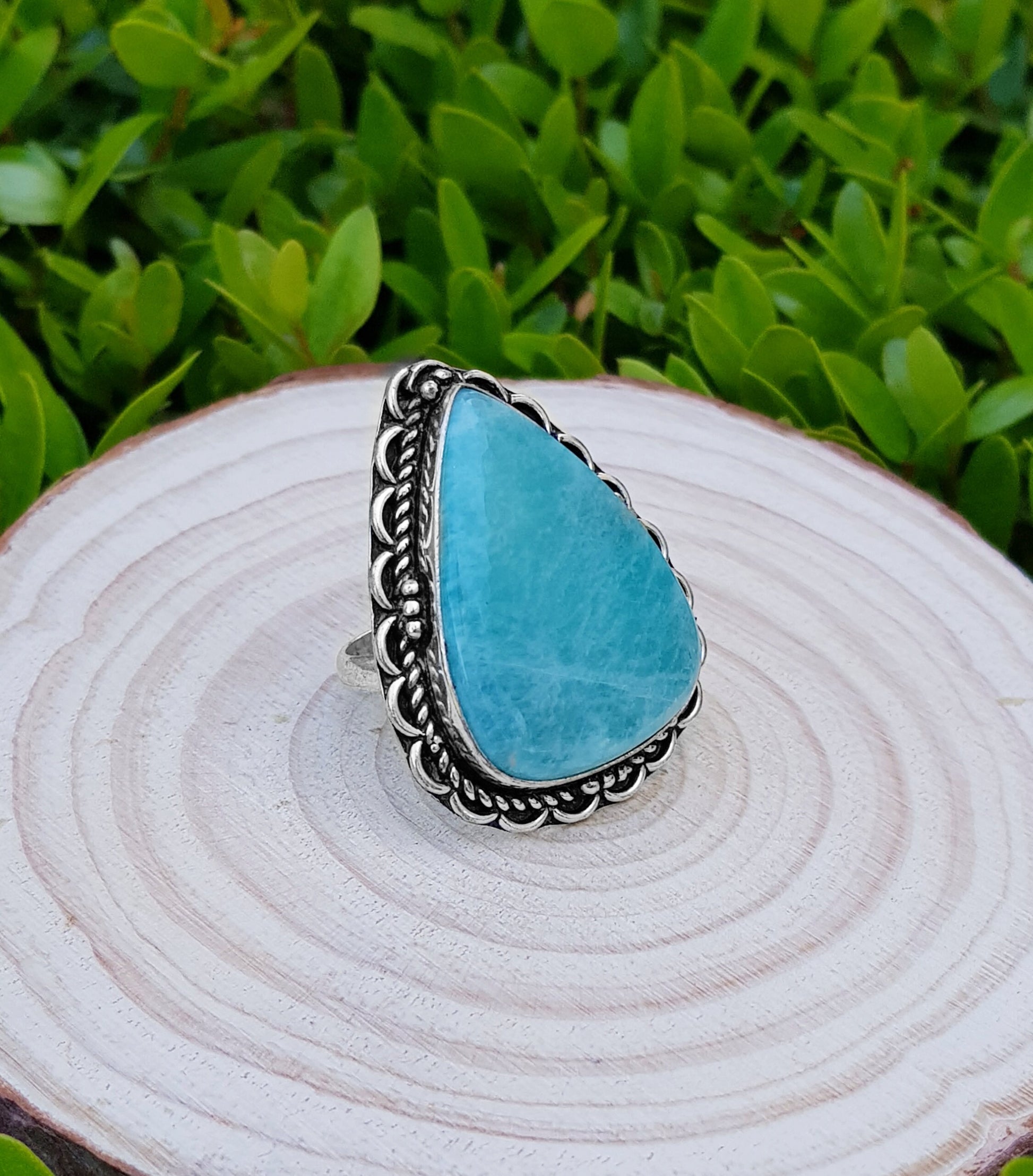 Amazonite Statement Ring Sterling Silver Gemstone Ring Size US 7 3/4 Boho Ring Unique Gift GypsyJewelry Ethnic Ring One Of A Kind Jewelry