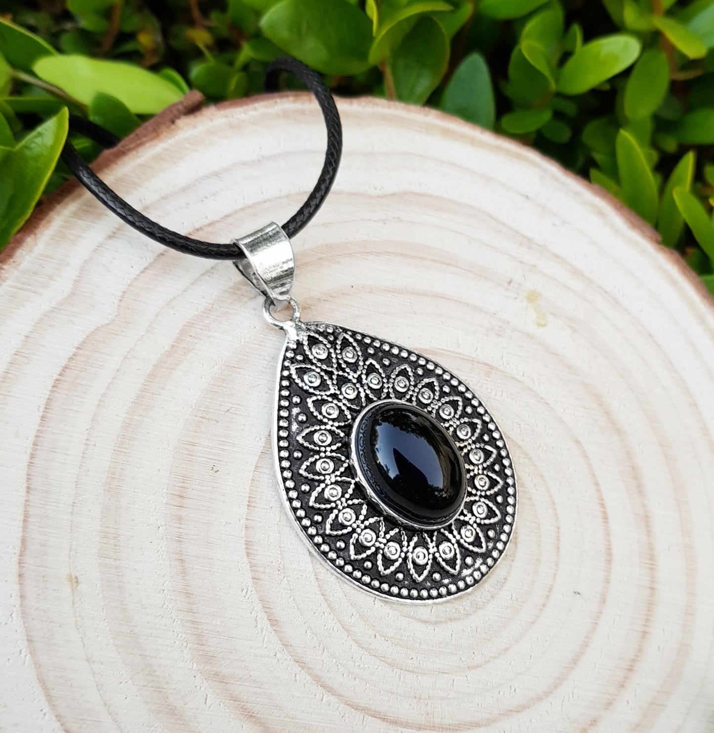 Black Onyx Ethnic Pendant In Sterling Silver Big Teardrop Pendant Boho Crystal Necklace Unique Gift For Women