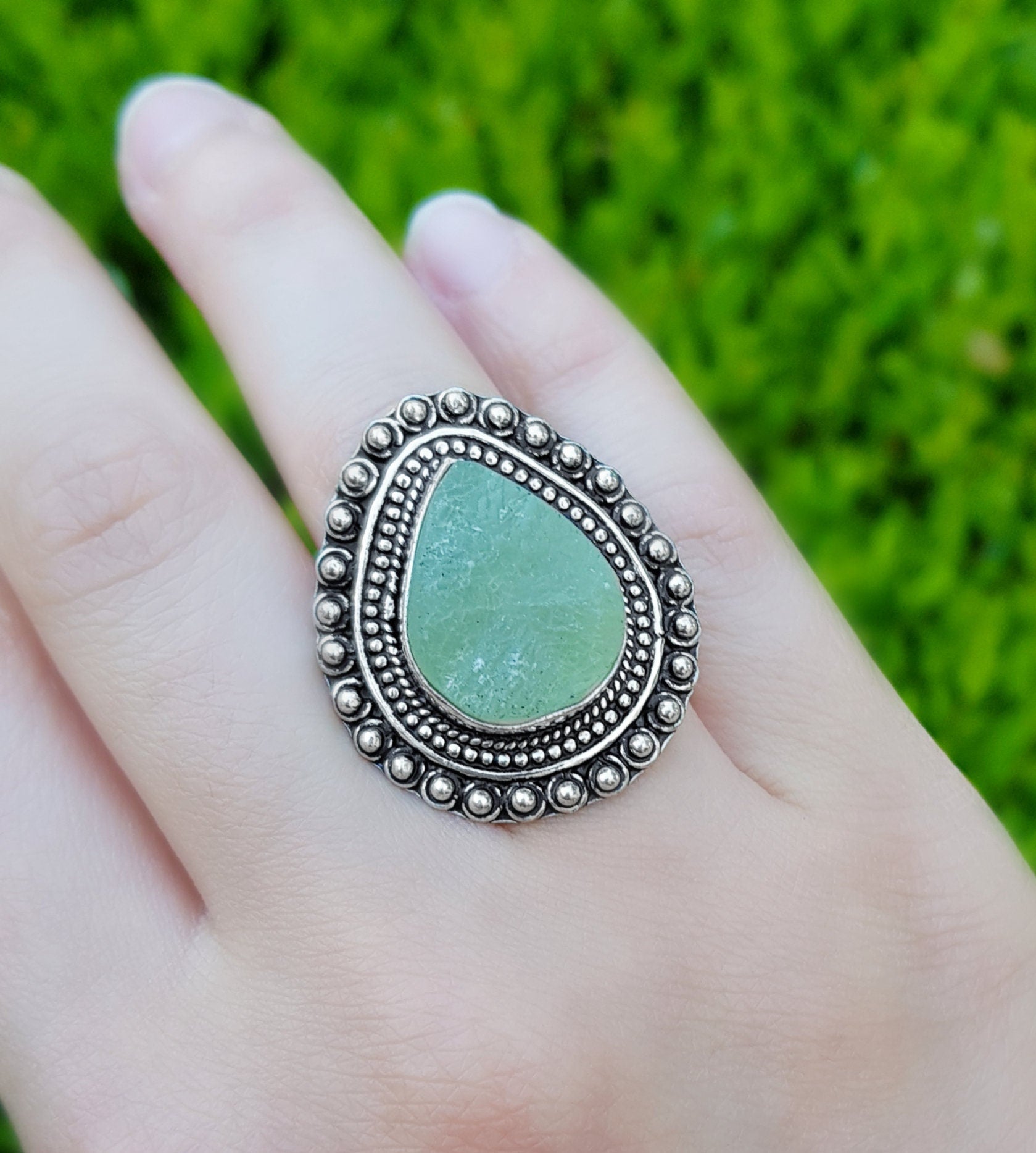 Raw Prehnite Ring In Sterling Silver Size US 7 Boho Ring One Of A Kind Jewellery Unique Gift For Her Statement Rings