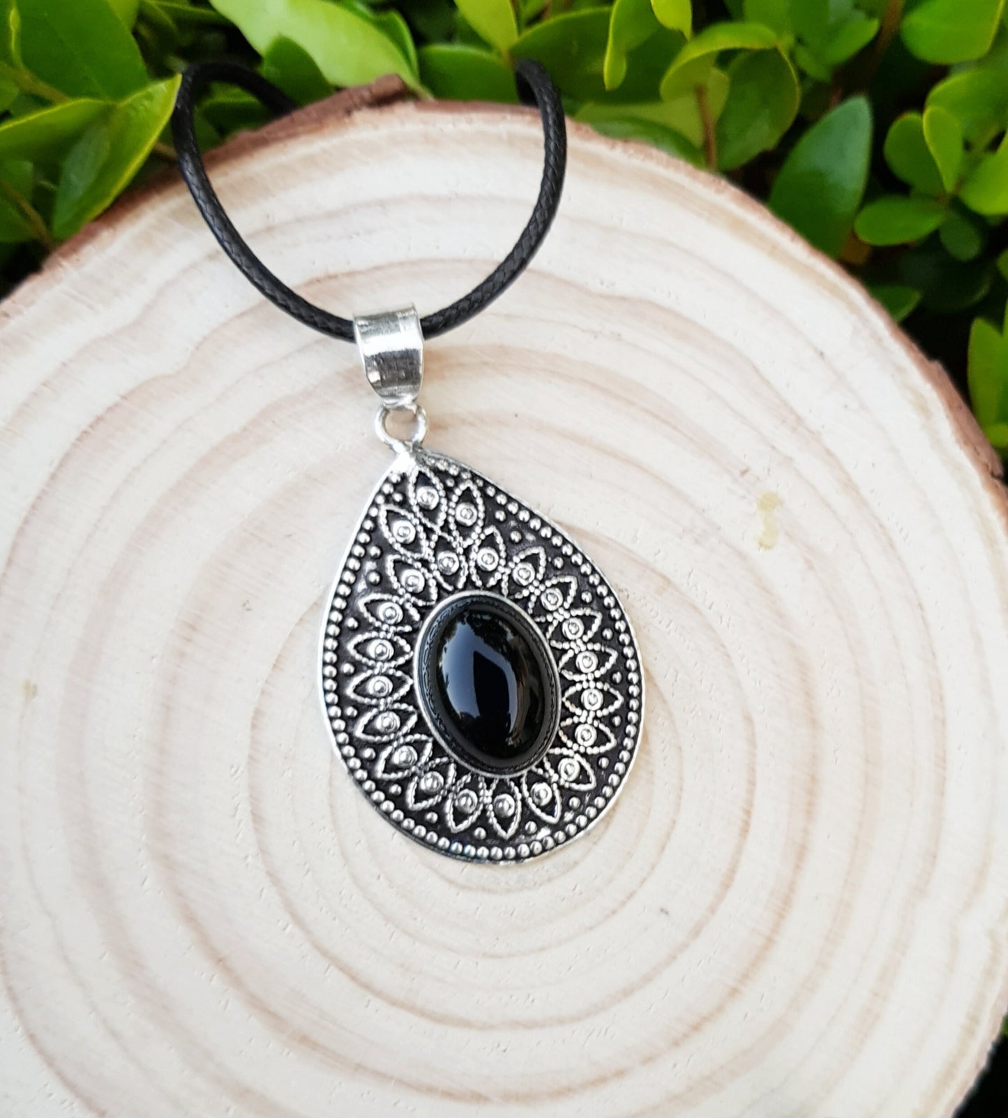 Black Onyx Ethnic Pendant In Sterling Silver Big Teardrop Pendant Boho Crystal Necklace Unique Gift For Women