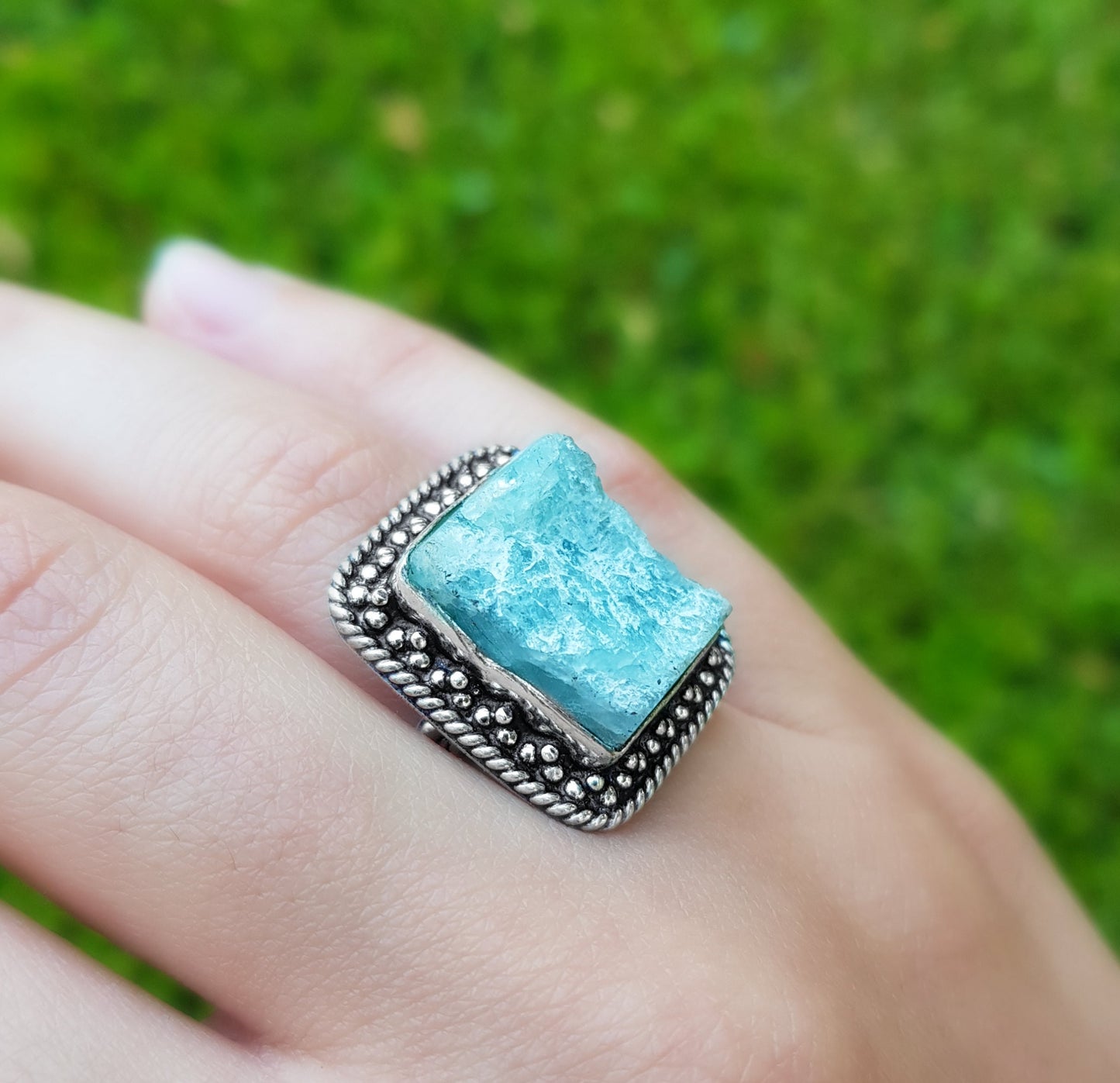 Blue Raw Apatite Ring In Sterling Silver Size US 8 Boho Crystal Ring Gemstone Ring Unique Gift For Women