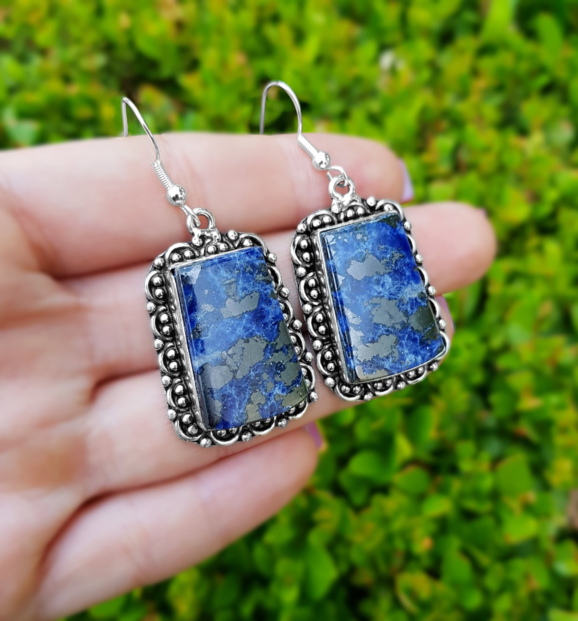 Sodalite Pyrite Earrings In Sterling Silver Dangle Earrings Boho Earrings Ethnic Earrings One Of A Kind Earrings Unique Gift For Her