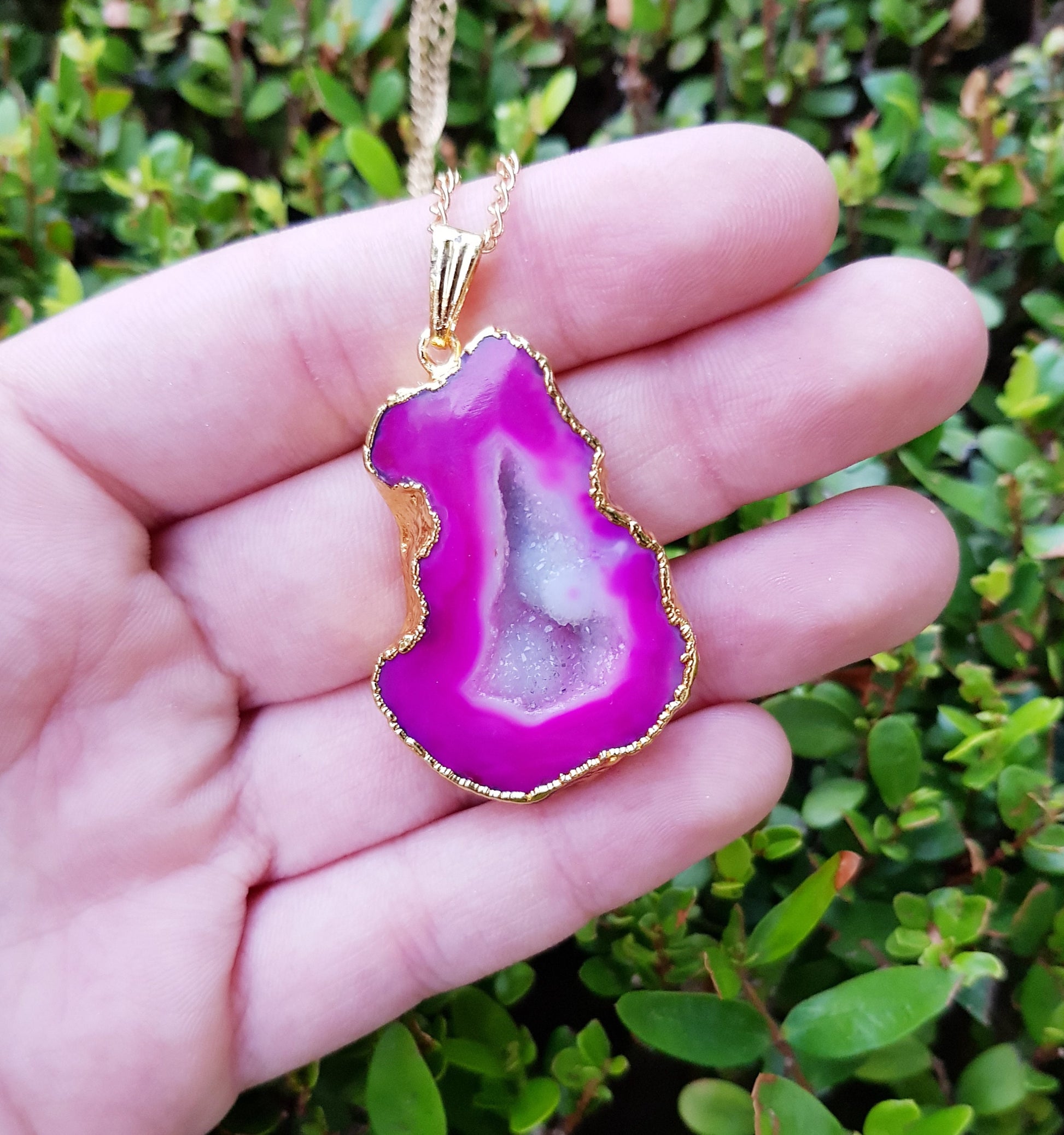 Pink Raw Druzy Agate Pendant Gold Plated Statement Pendant Boho Gemstone Necklace Unique Gift One Of A Kind Gift