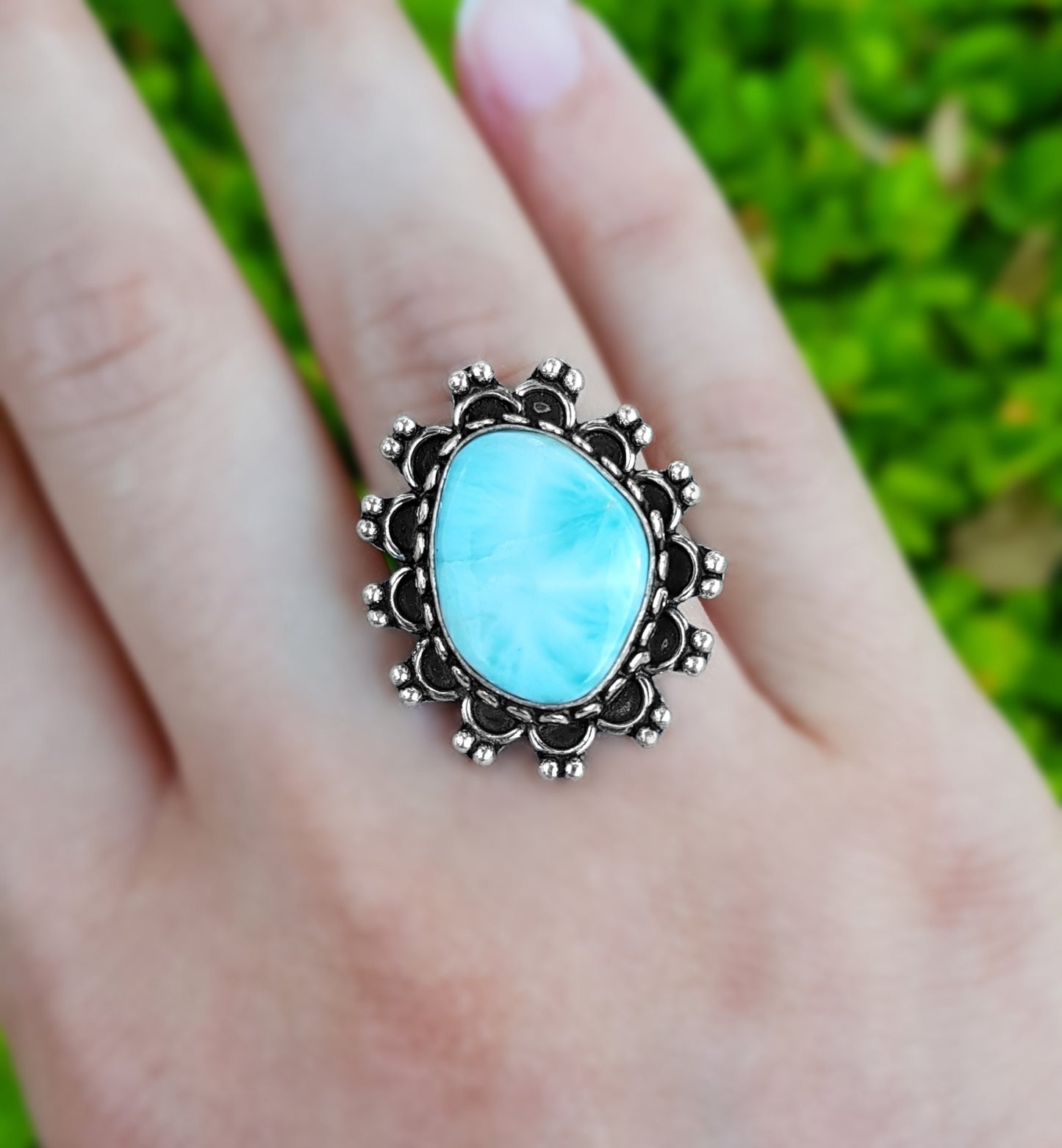 Larimar Statement Ring Size US 7 1/2 Sterling Silver Boho Rings Genuine Grade A Blue Larimar Ring Gemstone Ring