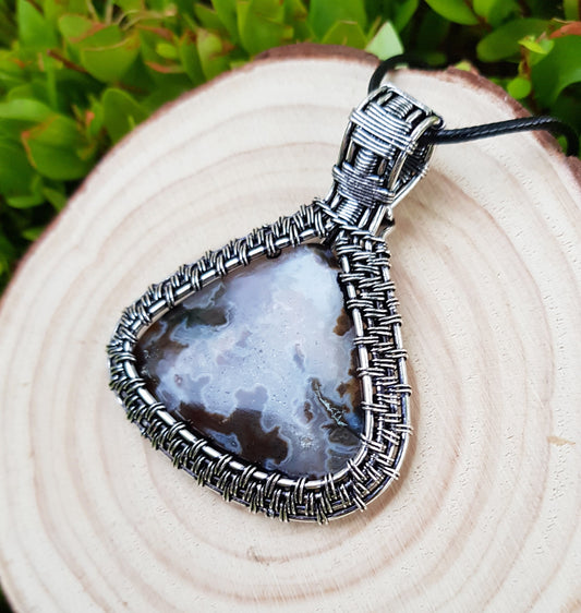 Agate Wire Wrapped Necklace In Sterling Silver Statement Pendant Boho Necklace One Of A Kind Gift Handmade Jewelry