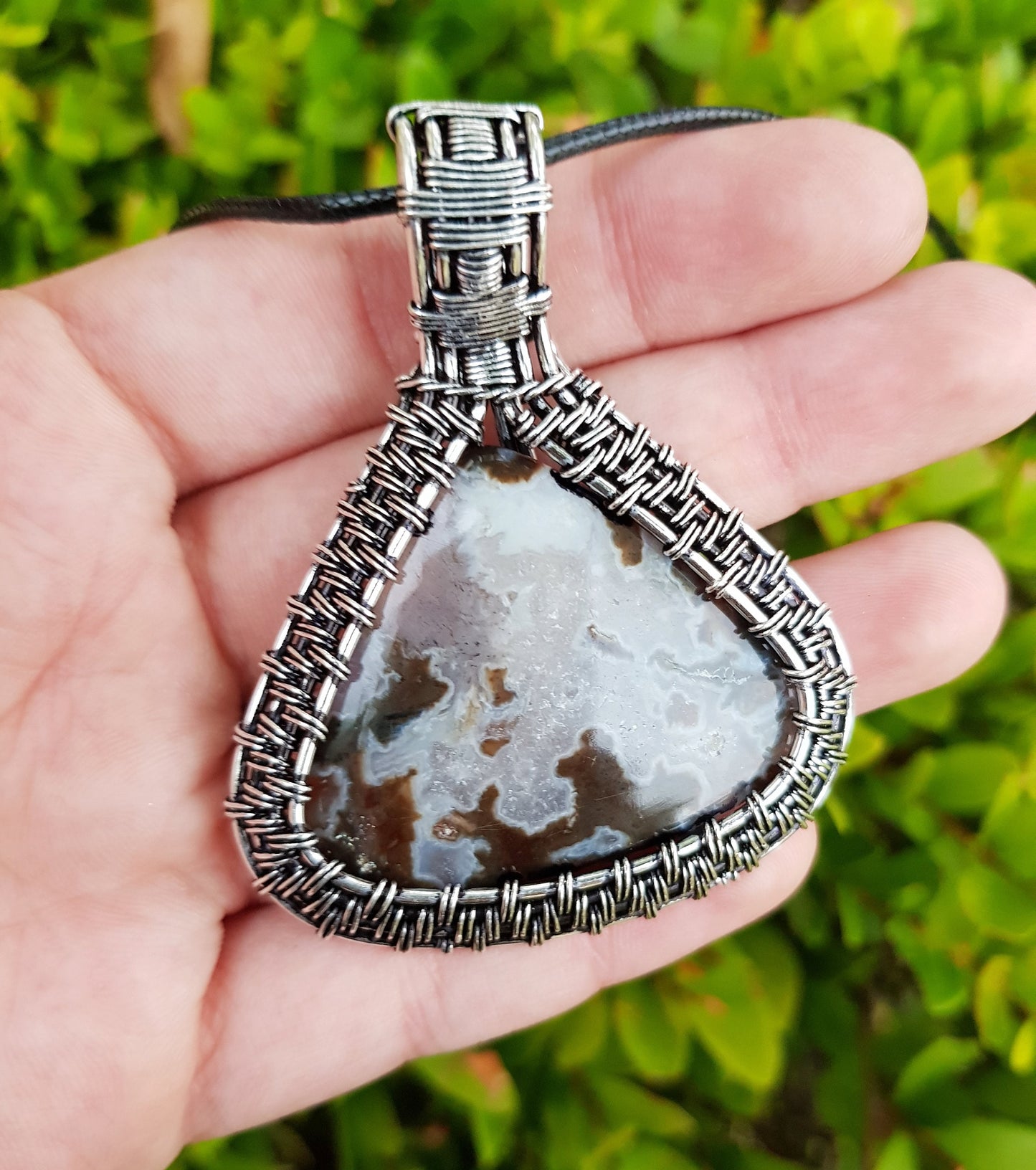 Agate Wire Wrapped Necklace In Sterling Silver Statement Pendant Boho Necklace One Of A Kind Gift Handmade Jewelry