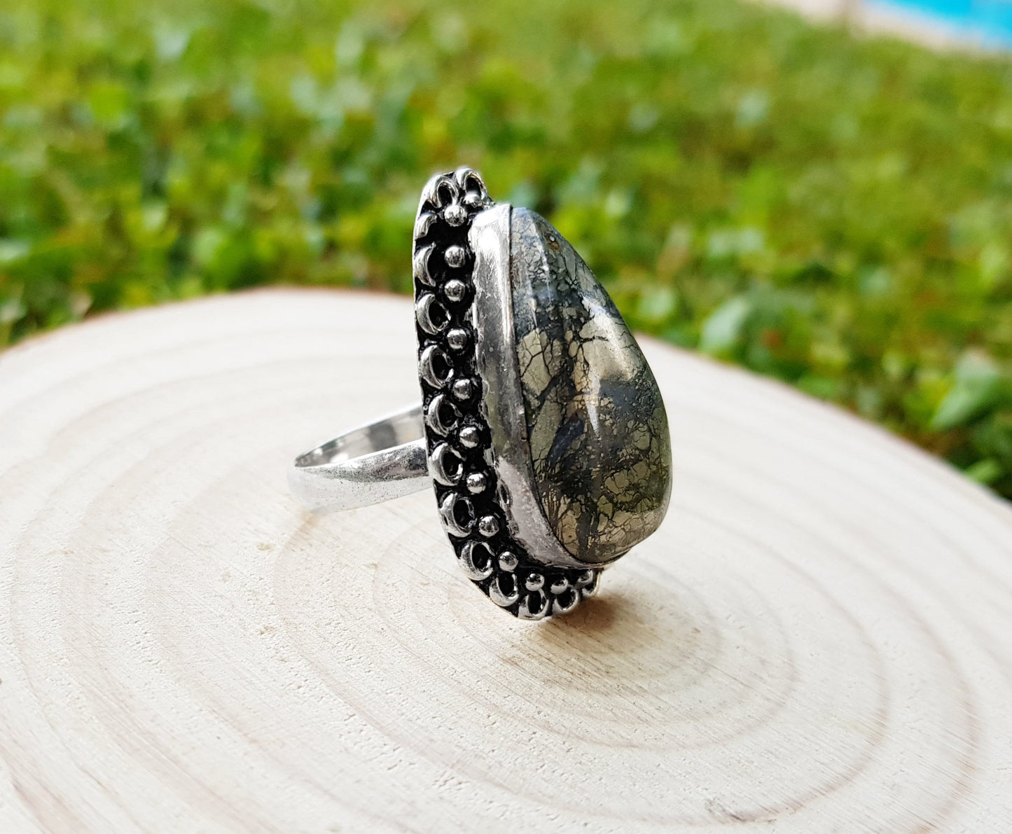 Apache Gold Pyrite Statement Ring Size US 9 Sterling Silver Gemstone Ring Boho Rings GypsyJewellery One Of A Kind Gift