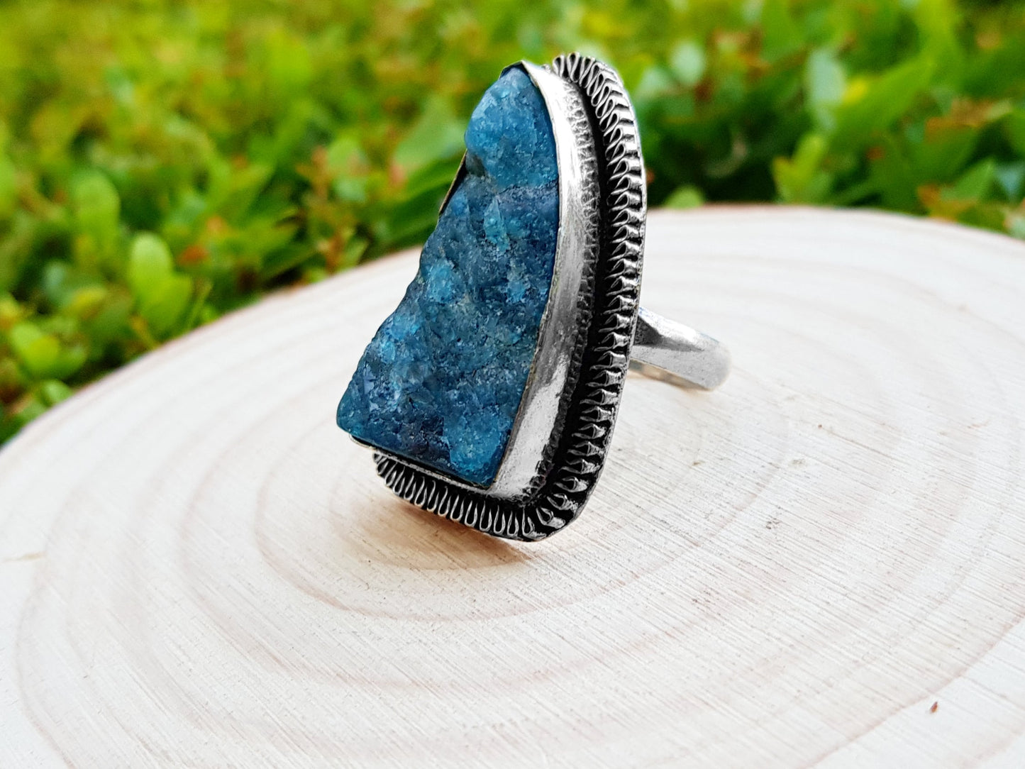 Blue Raw Apatite Ring In Sterling Silver Size US 7 1/4  Boho Crystal Ring Gemstone Ring Unique Gift For Women