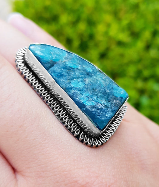 Blue Raw Apatite Ring In Sterling Silver Size US 7 1/4  Boho Crystal Ring Gemstone Ring Unique Gift For Women