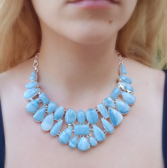 Blue Lace Agate Statement Necklace In Sterling Silver 29 Gemstones Ajustable Multi Stone Necklace One Of A Kind Gift