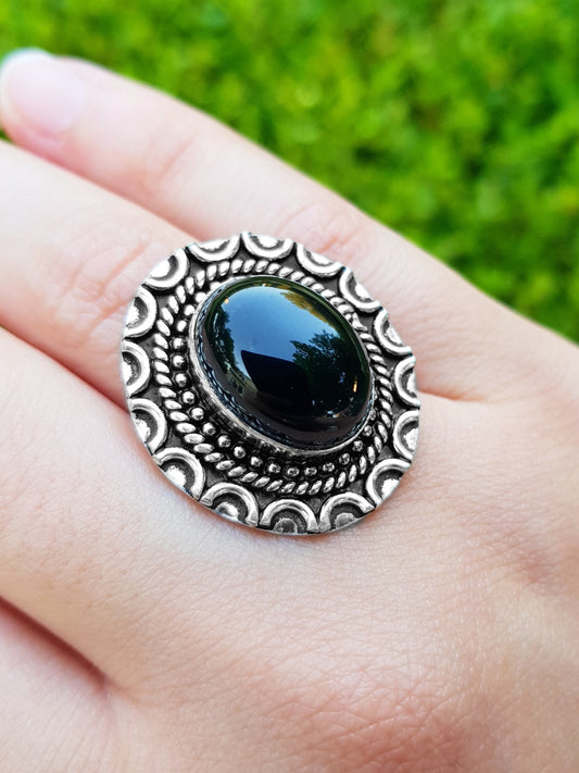 Black Onyx Ring In Sterling Silver Size US 8 1/2 Statement Ring Boho Crystal Ring GypsyJewelry Unique Gift