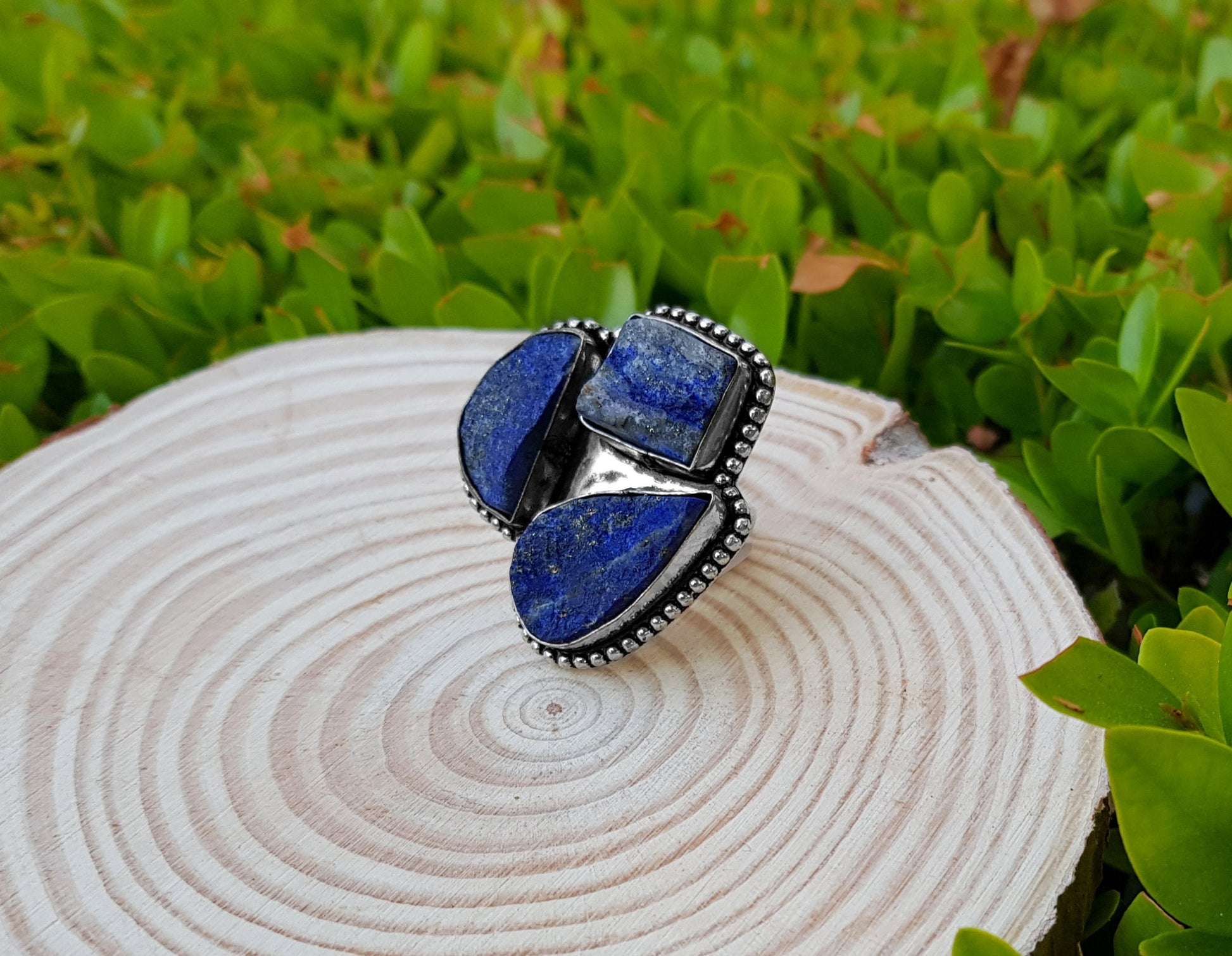 Raw Lapis Lazuli Multi Stone Ring In Sterling Silver Size US 6 Big Statement Ring Boho Crystal Rings GypsyJewelry Unique Gift For Women