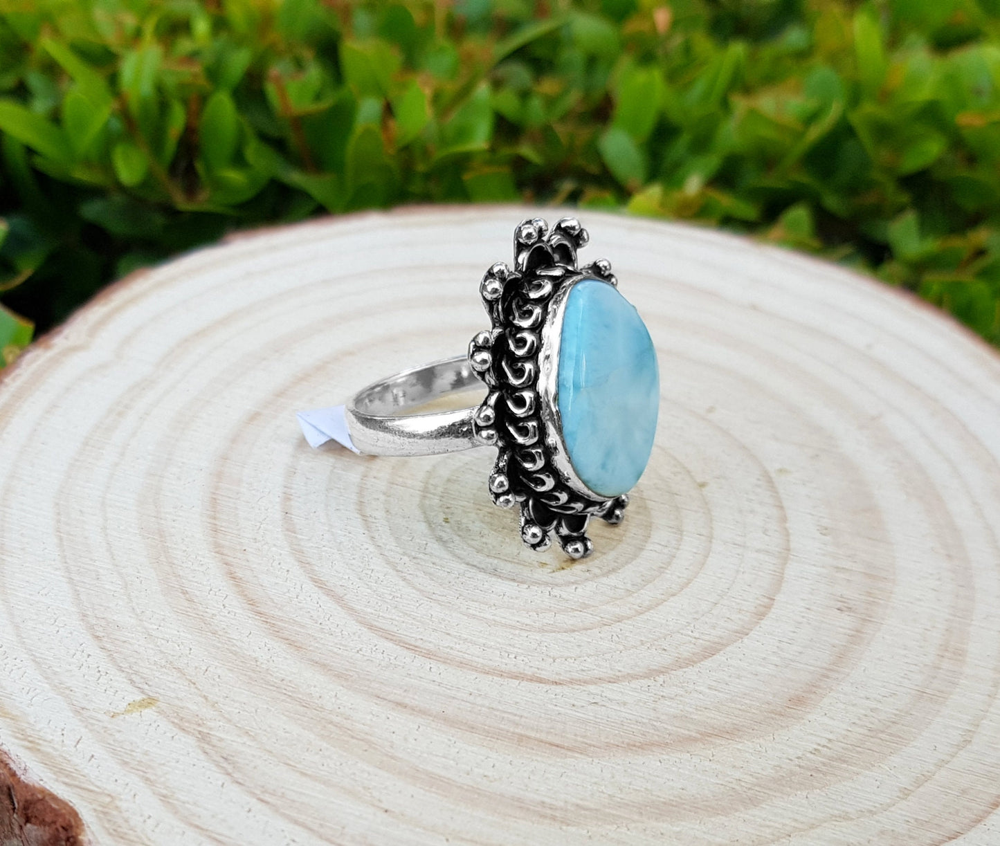 Larimar Statement Ring Size US 7 1/2 Sterling Silver Boho Rings Genuine Grade A Blue Larimar Ring Gemstone Ring
