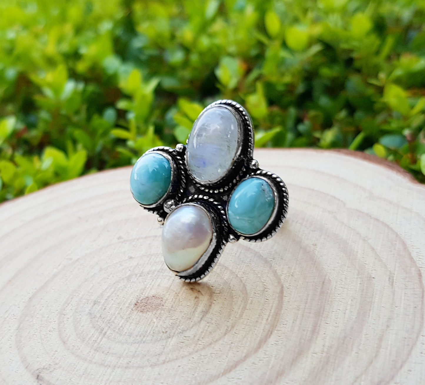 Multi Stone Ring Moonstone Pearl Larimar Statement Ring Size US 7 3/4 Sterling Silver Boho Rings