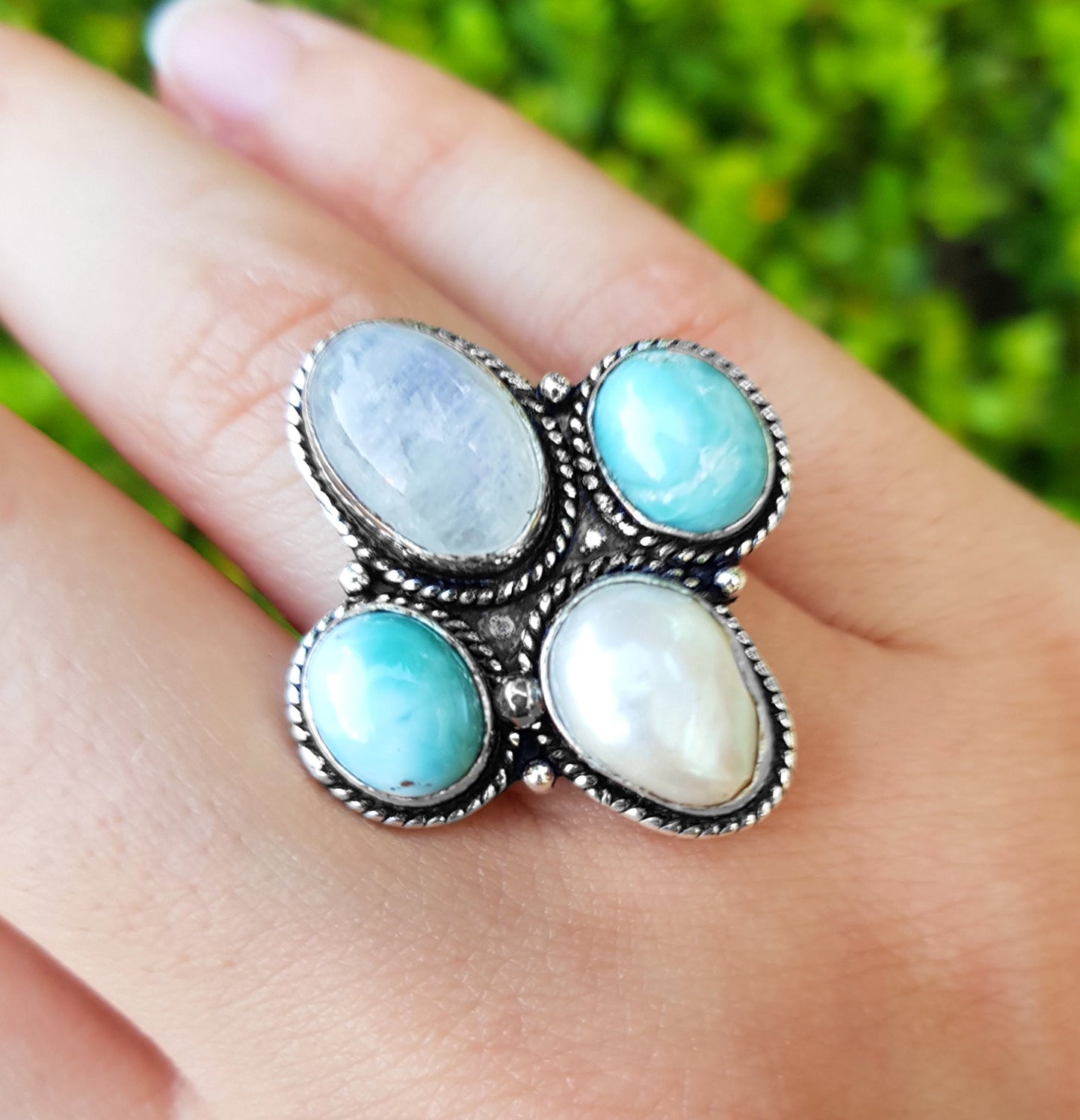 Multi Stone Ring Moonstone Pearl Larimar Statement Ring Size US 7 3/4 Sterling Silver Boho Rings