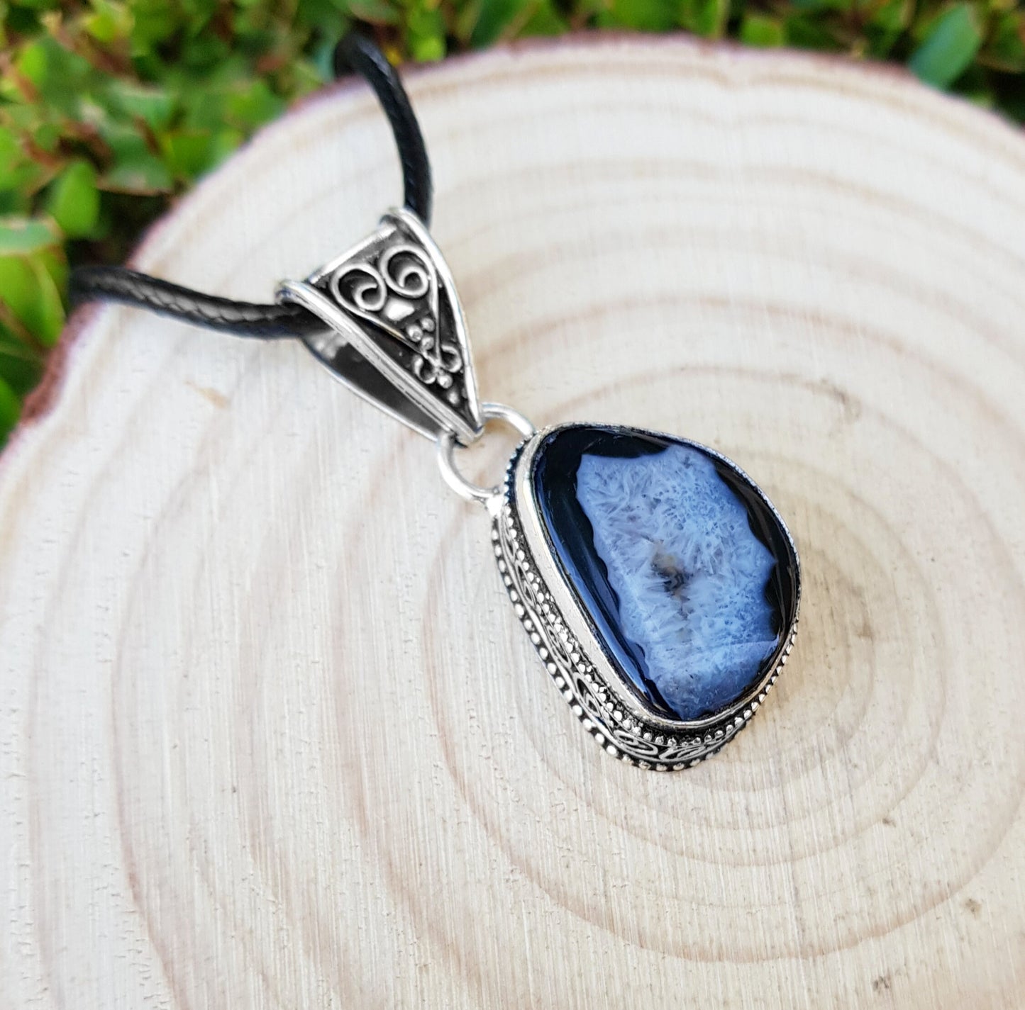 Small Black Solar Agate Pendant Statement Necklace In Sterling Silver Boho Gemstone Pendant One Of A Kind Jewelry