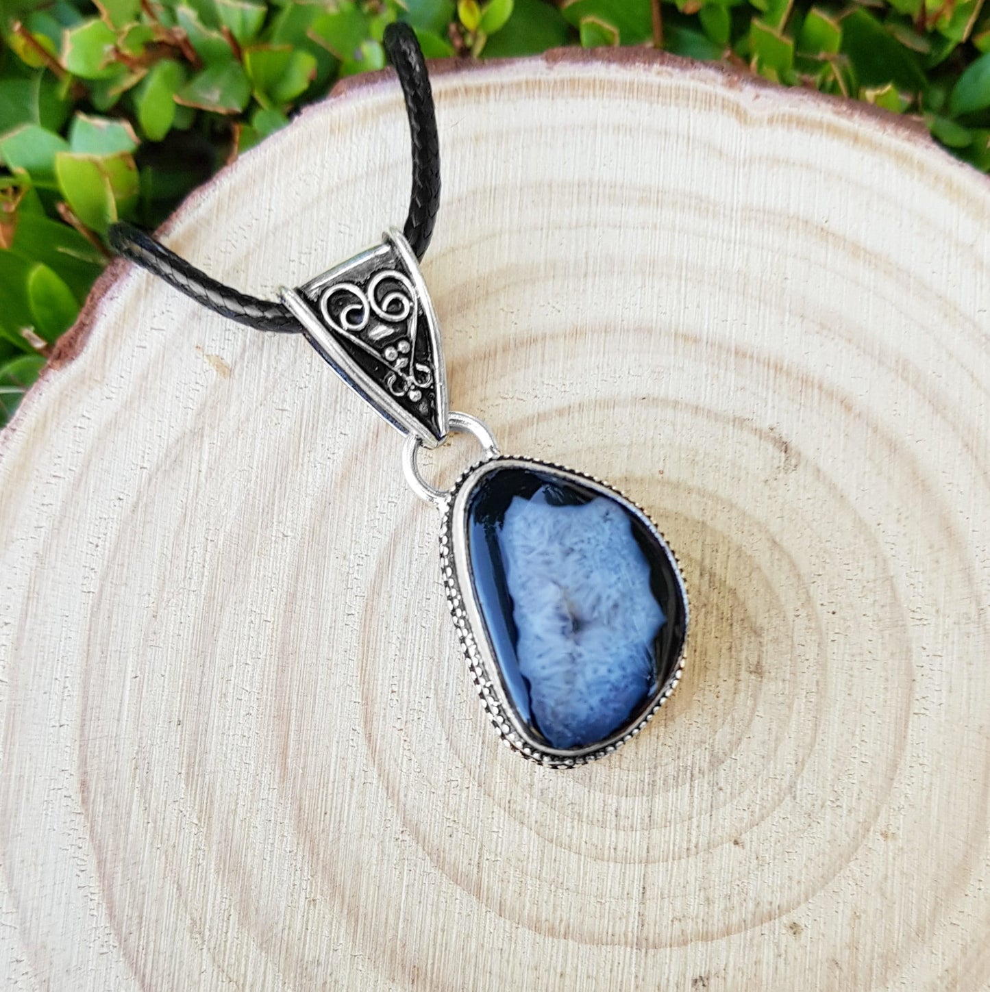 Small Black Solar Agate Pendant Statement Necklace In Sterling Silver Boho Gemstone Pendant One Of A Kind Jewelry