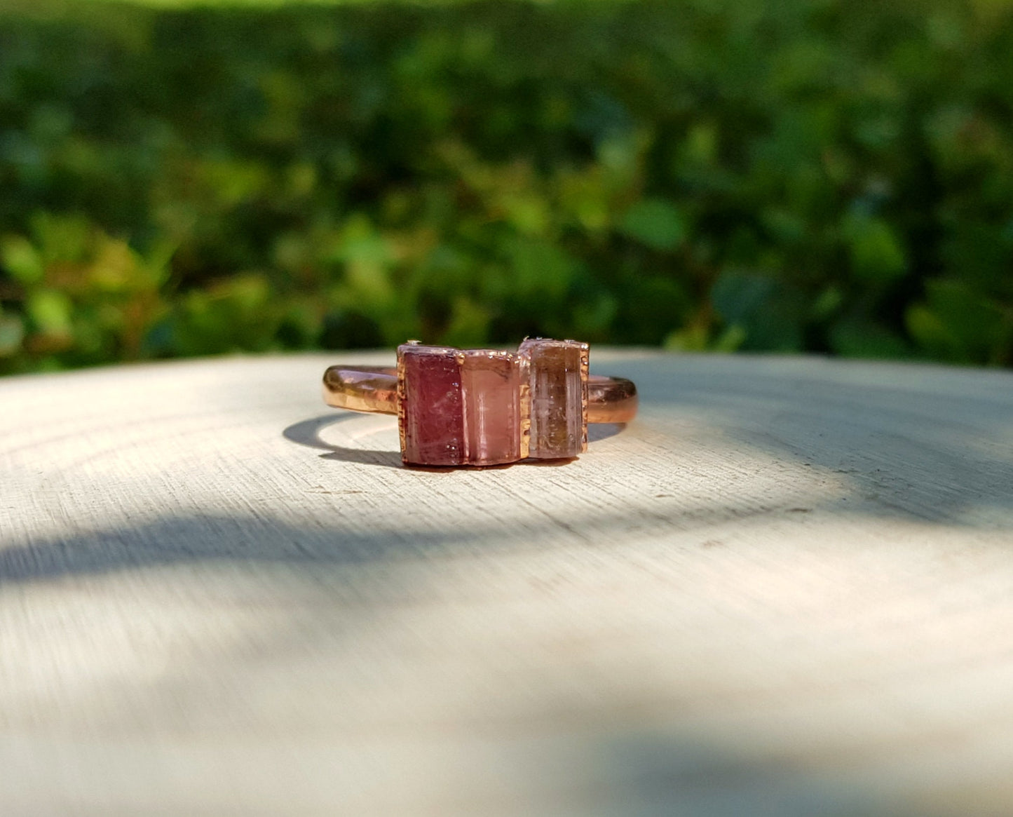 Raw Pink Tourmaline Electroformed Copper Ring Stackable Ring Size US 6 3/4 Multi Stone Stacking Rings One Of A Kind Ring Crystal Ring