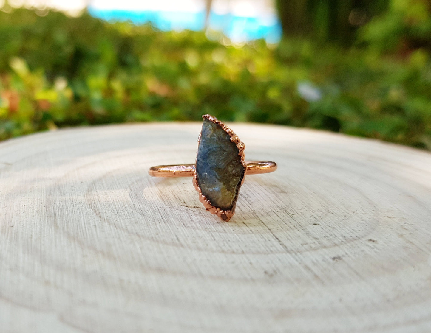 Raw Natural Labradorite Electroformed Copper Ring Size US 5 3/4 Big Statement Ring One Of A Kind Ring Crystal Ring
