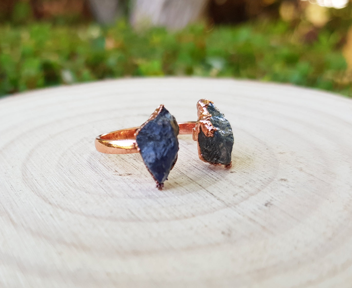 Adjustable Raw Natural Labradorite Two Stone Ring Electroformed Copper Ring One Of A Kind Ring Crystal Ring