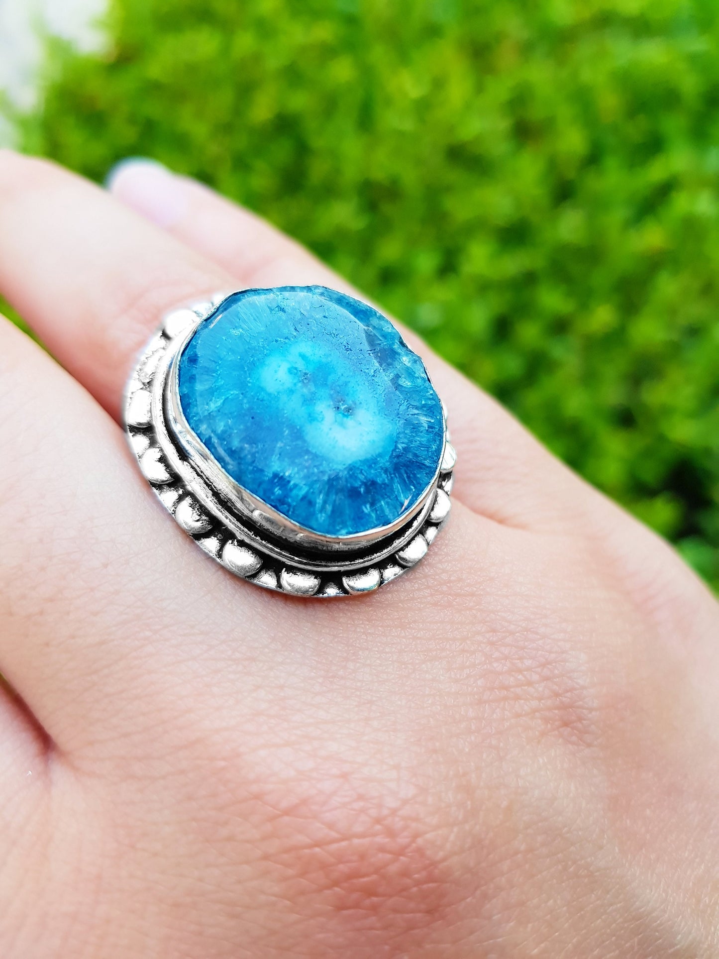 Blue Solar Agate Ring In Sterling Silver Size US 8 1/2 Big Statement Ring Boho Rings Raw Gemstone Ring Unique Gift For Her