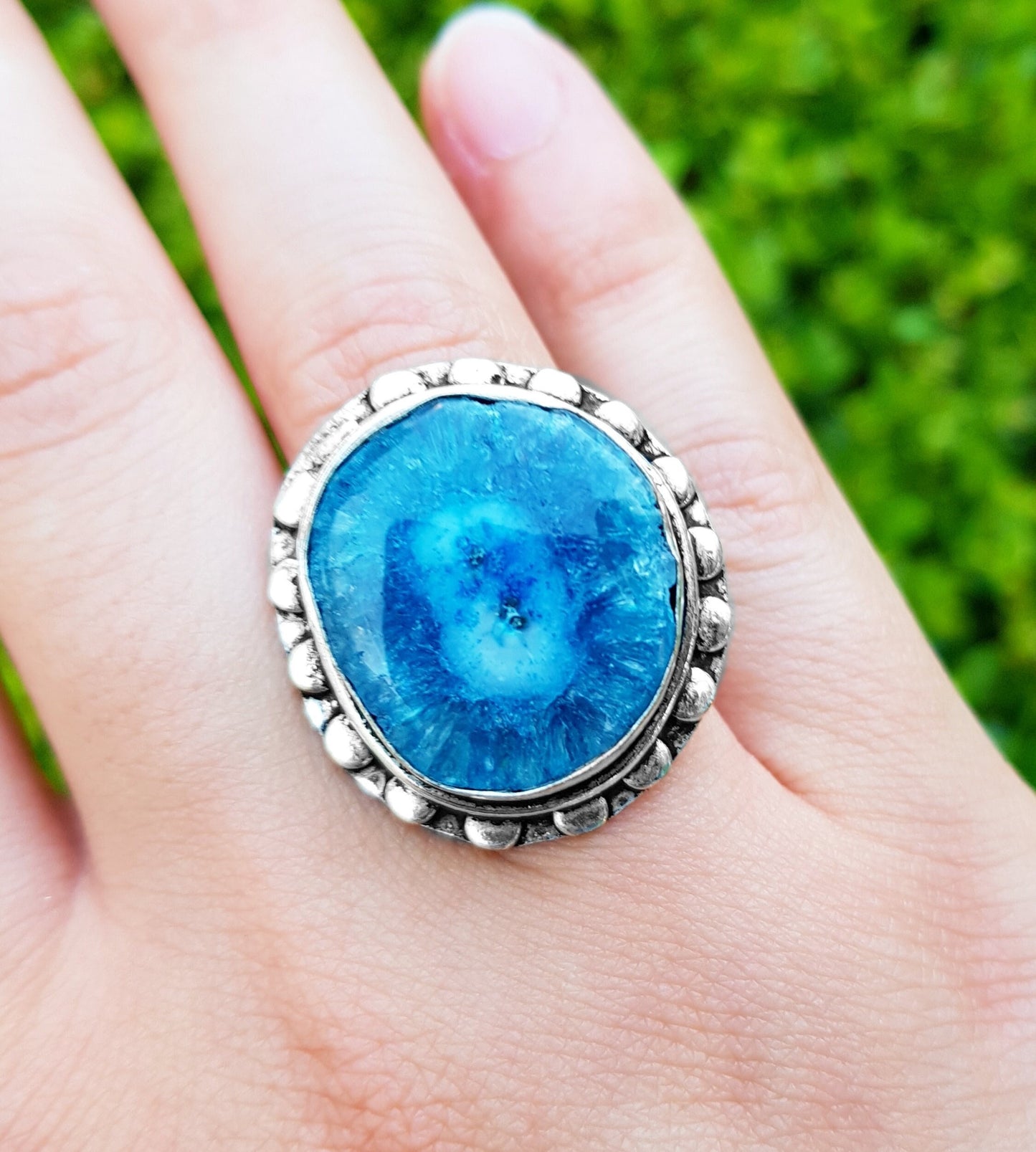 Blue Solar Agate Ring In Sterling Silver Size US 8 1/2 Big Statement Ring Boho Rings Raw Gemstone Ring Unique Gift For Her