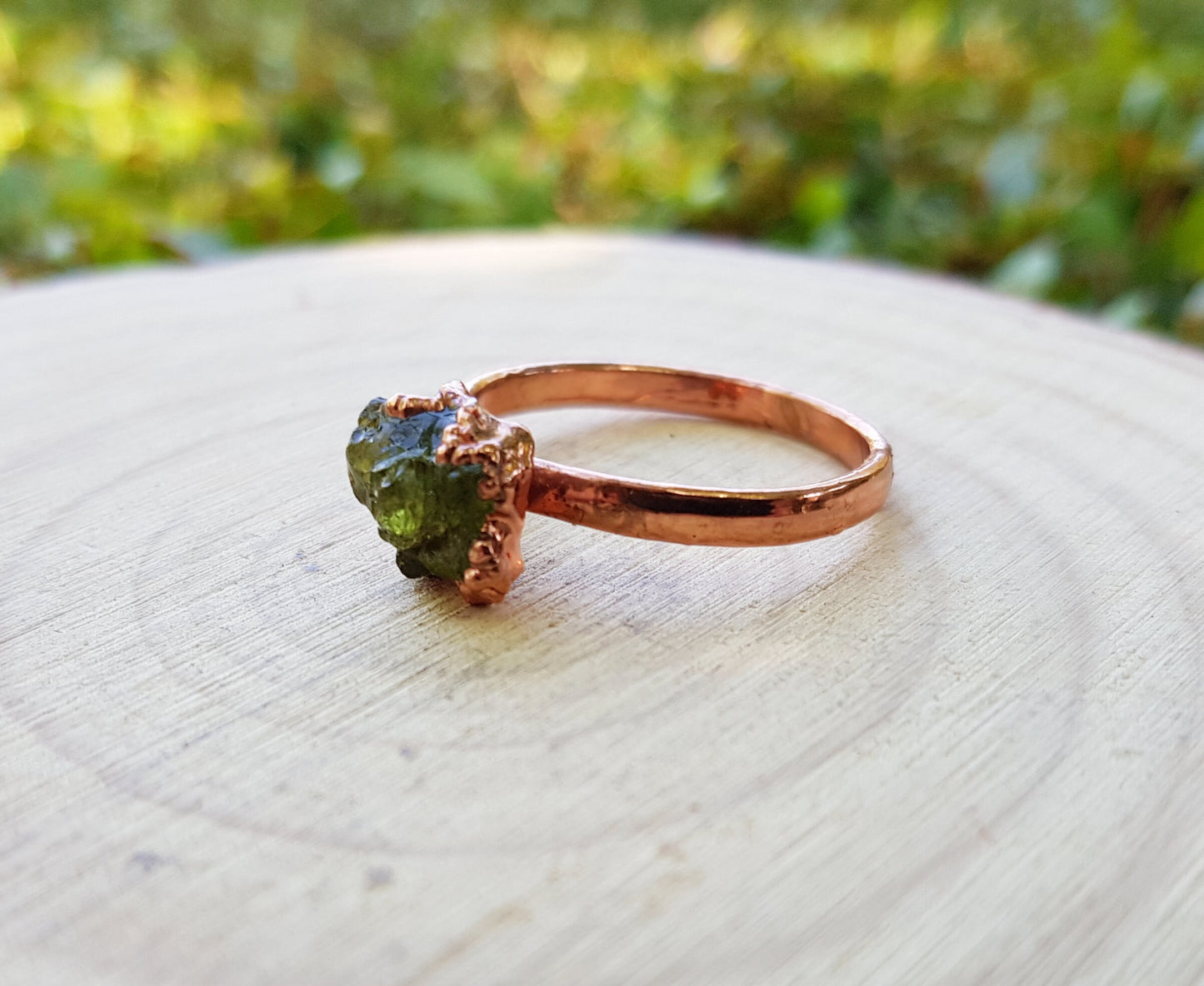Raw Peridot Electroformed Copper Ring Size US 6 1/4 Big Statement Ring One Of A Kind Ring Crystal Ring