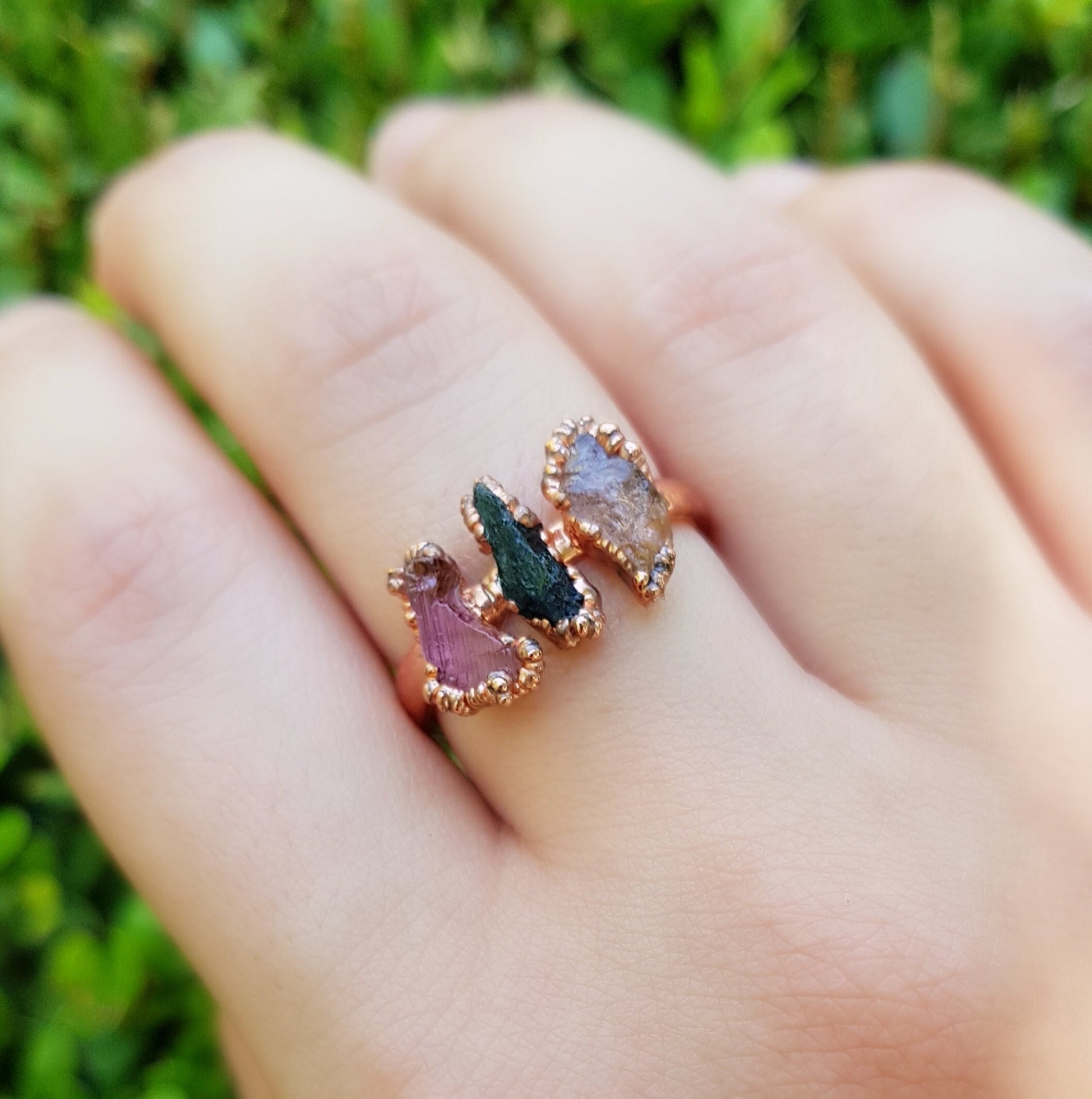 Raw Tourmaline Electroformed Copper Ring Multi Stone Stackable Ring Size US 8 1/4 Multi Stone Stacking Rings One Of A Kind Ring Crystal Ring