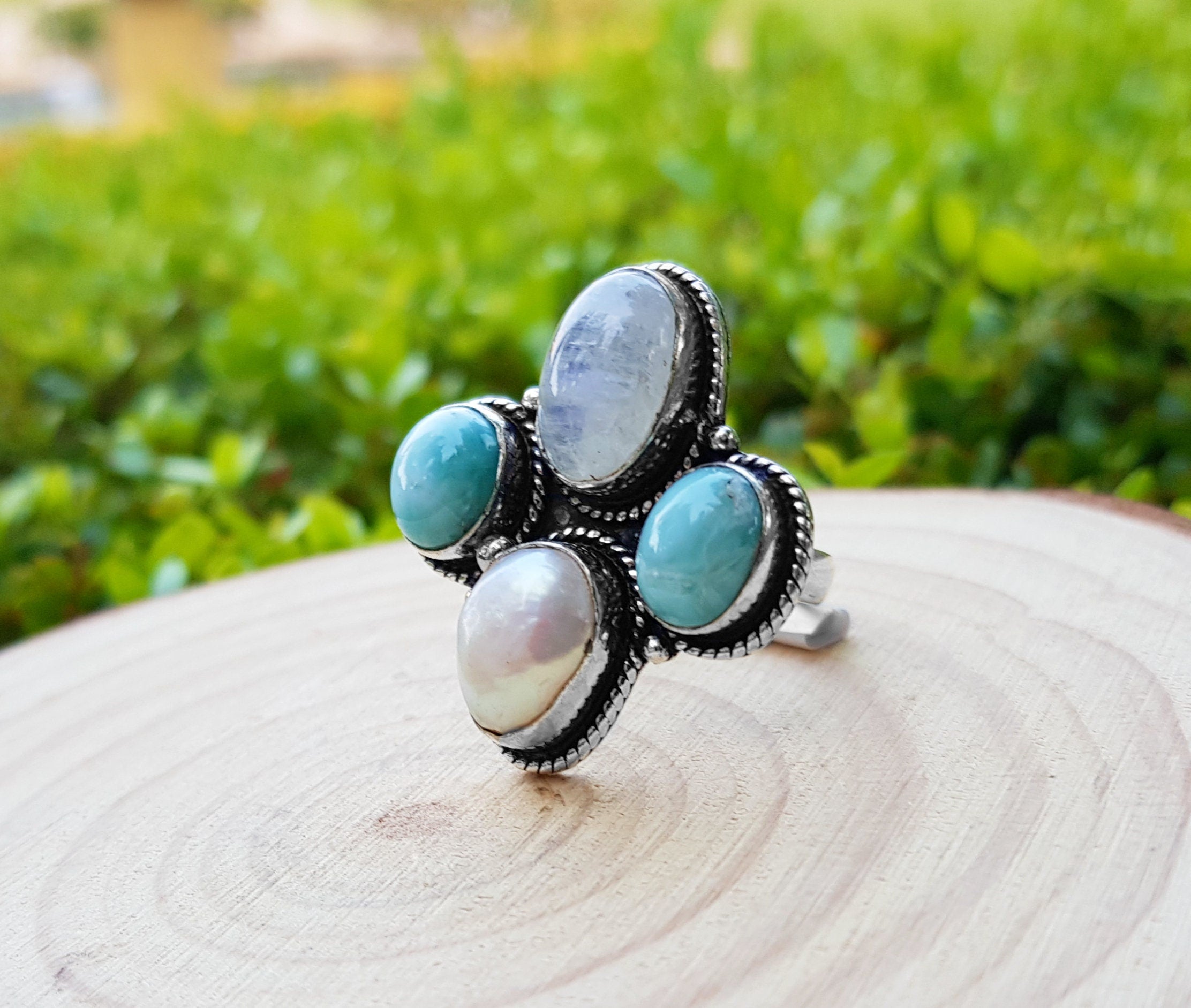 Large online Three Stone Ring - Larimar