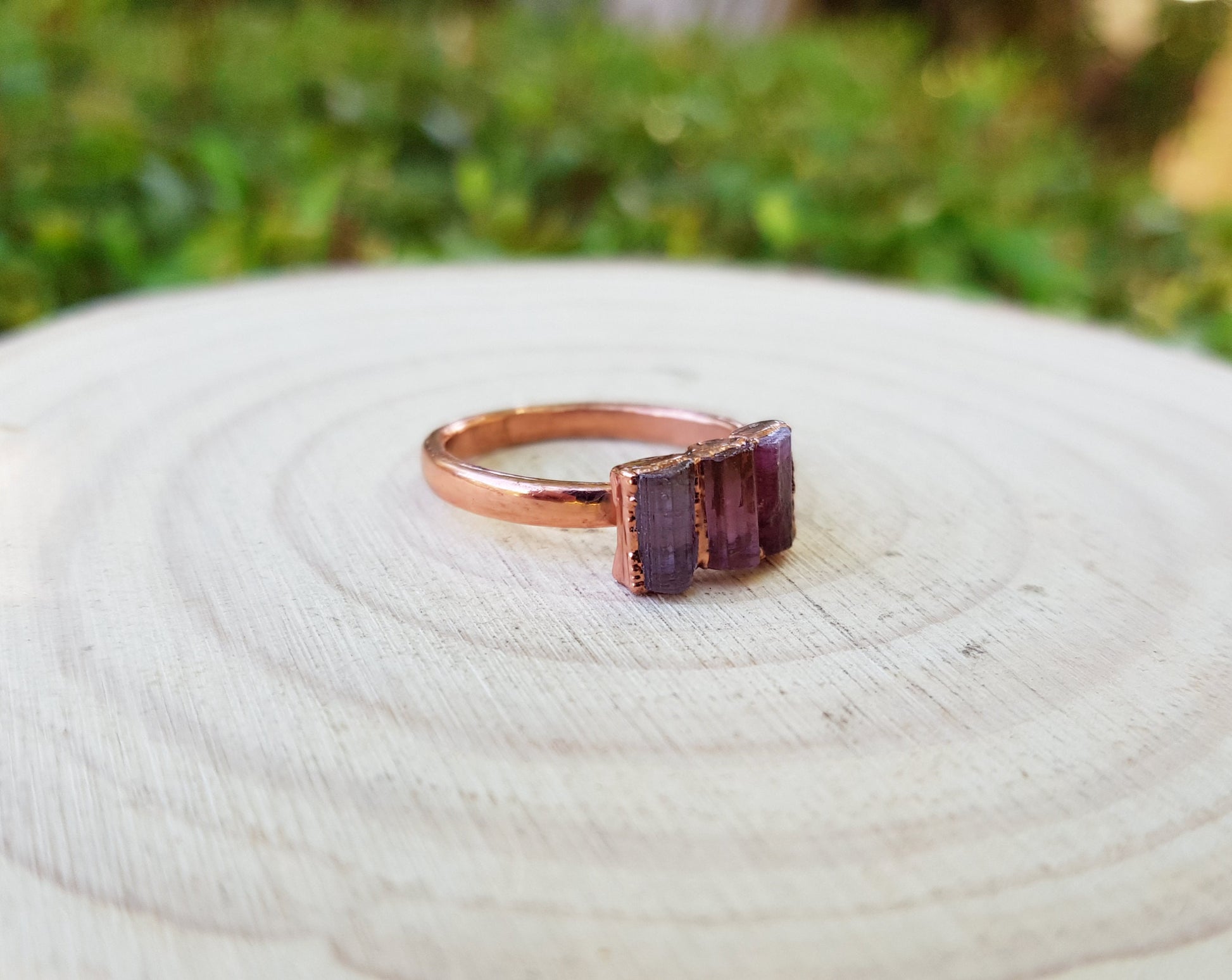 Raw Pink Tourmaline Electroformed Copper Ring Stackable Ring Size US 6 3/4 Multi Stone Stacking Rings One Of A Kind Ring Crystal Ring