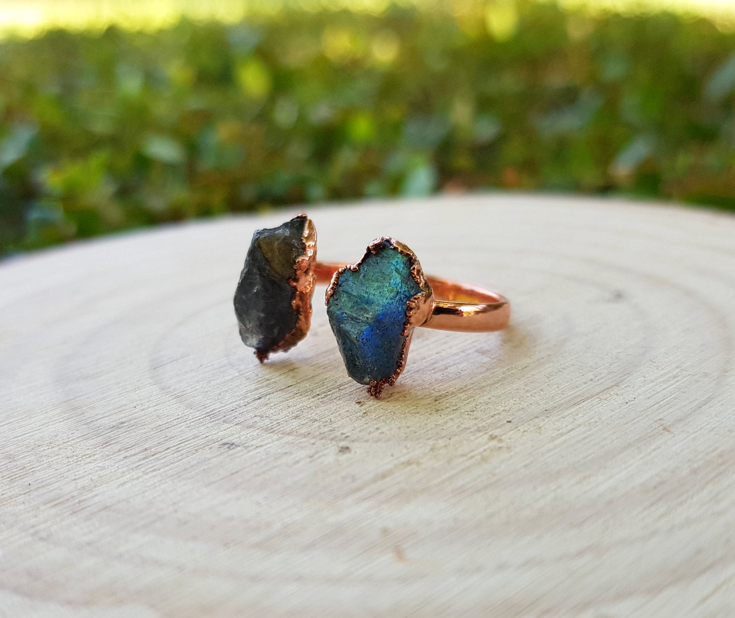 Adjustable Raw Natural Labradorite Two Stone Ring Electroformed Copper Ring One Of A Kind Ring Crystal Ring