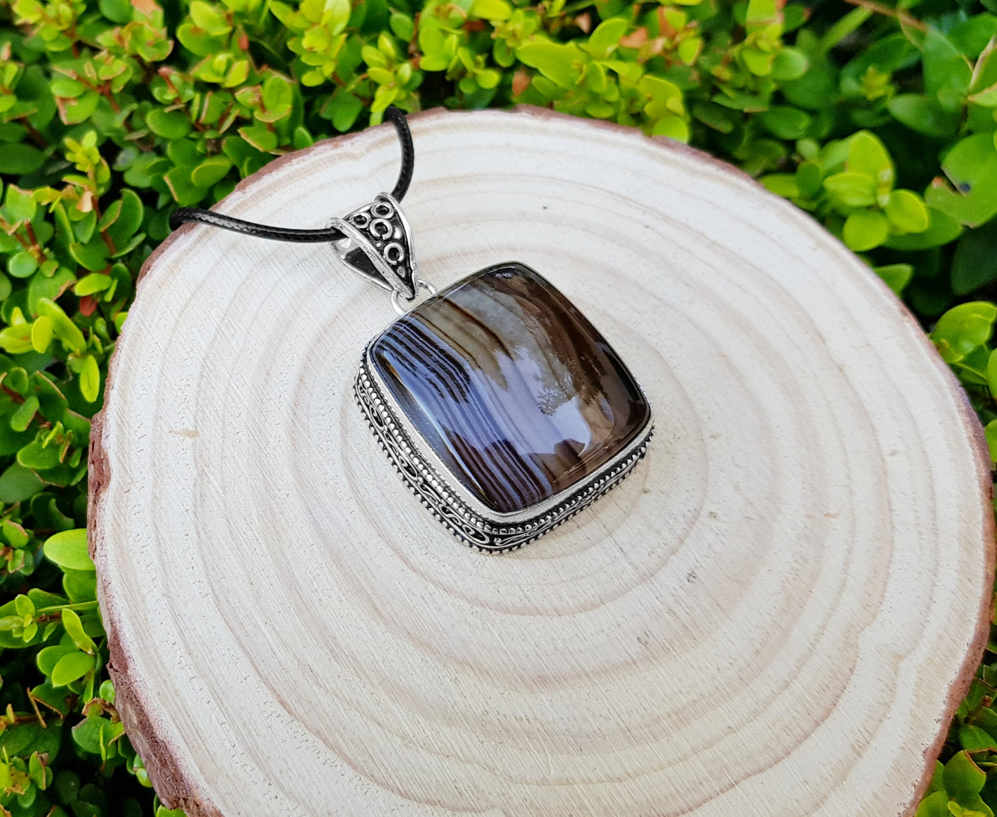 Botswana Agate Pendant In Sterling Silver Boho Crystal Necklace Unique Gift Unisex Necklace