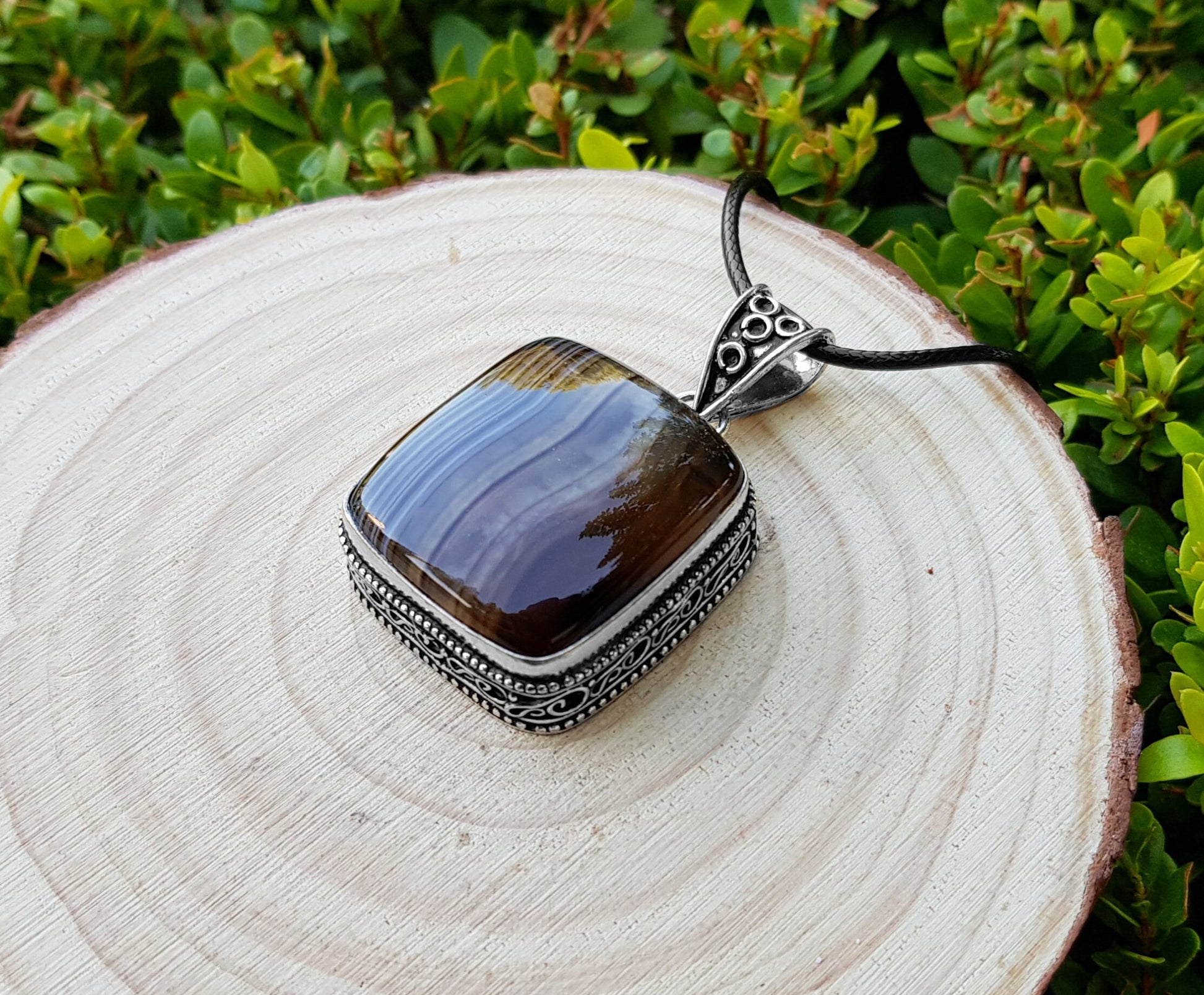 Botswana Agate Pendant In Sterling Silver Boho Crystal Necklace Unique Gift Unisex Necklace